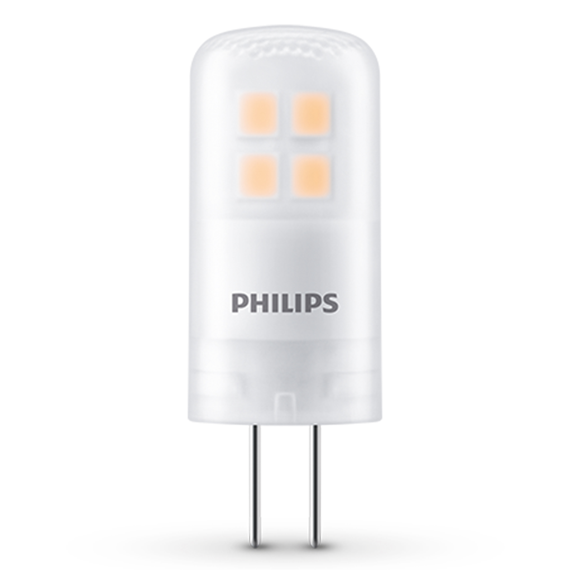 Una lampadina LED Philips con un alloggiamento in plastica bianca e quattro luci arancioni all'interno.