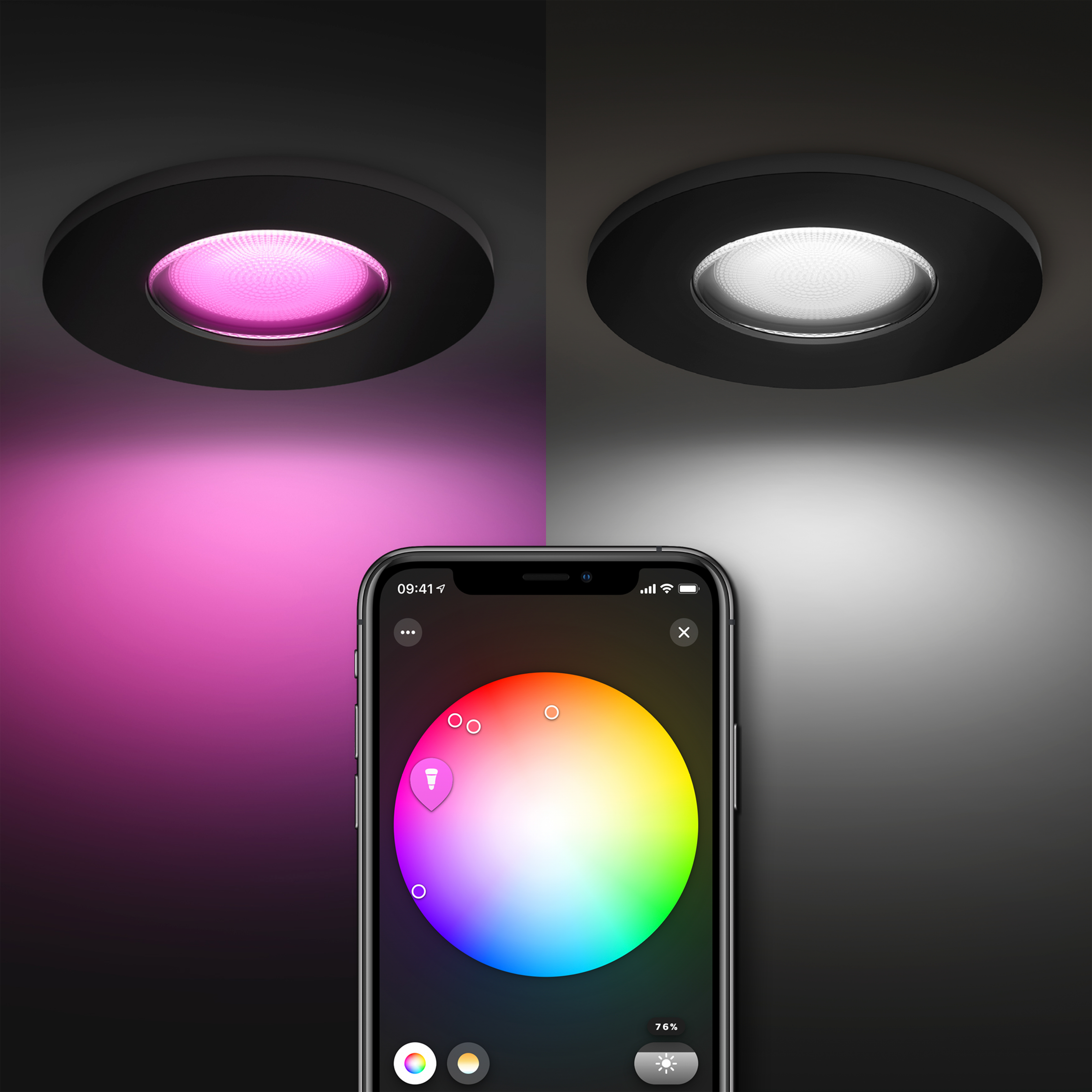 Twee plafondlampen met verschillende kleuren licht en een telefoon met een kleurencirkel.