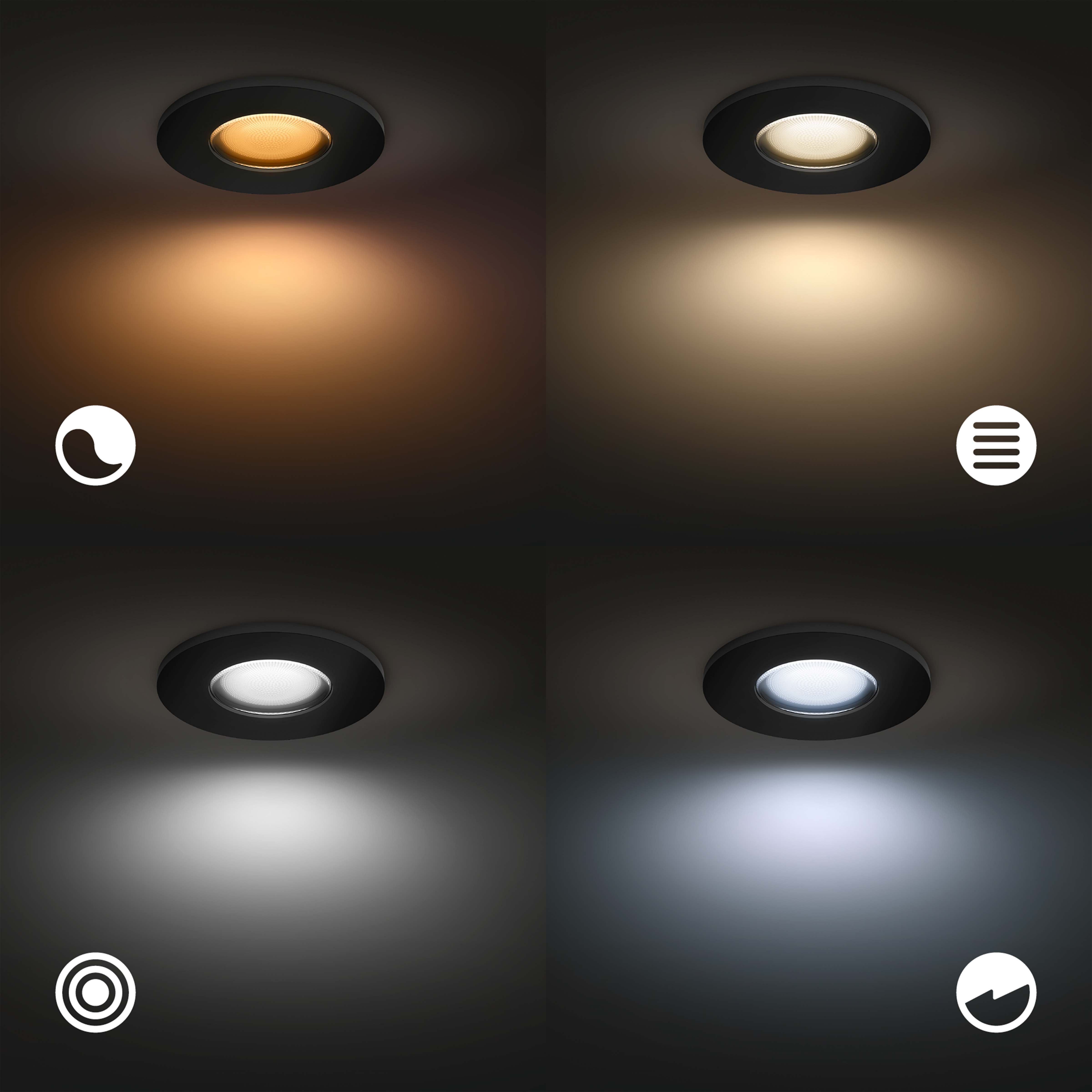 Vier plafondspots met verschillende lichtkleuren, bestuurd door een telefoon.