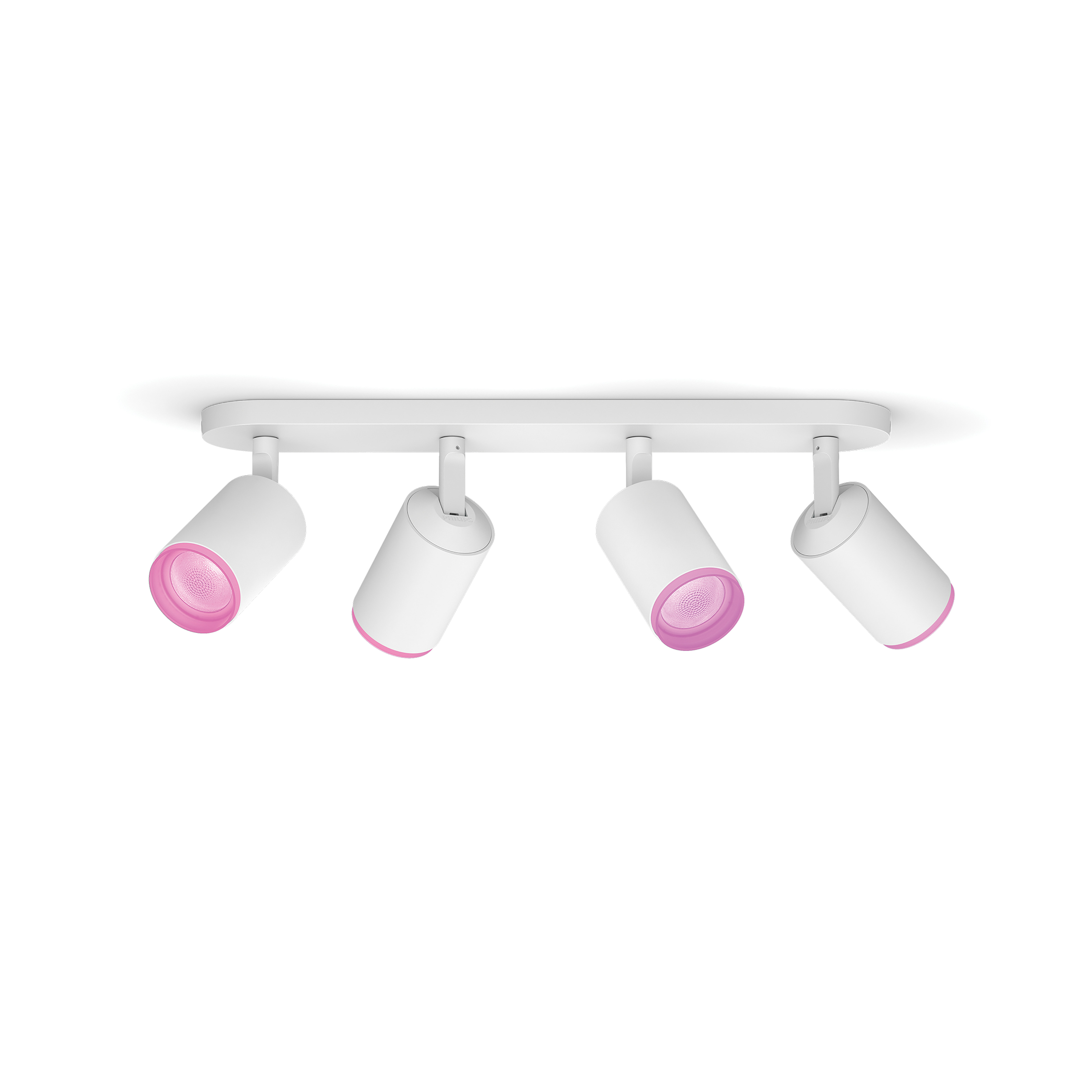 Quatre spots blancs avec lumière rose dirigés vers le bas, montés sur une barre blanche.