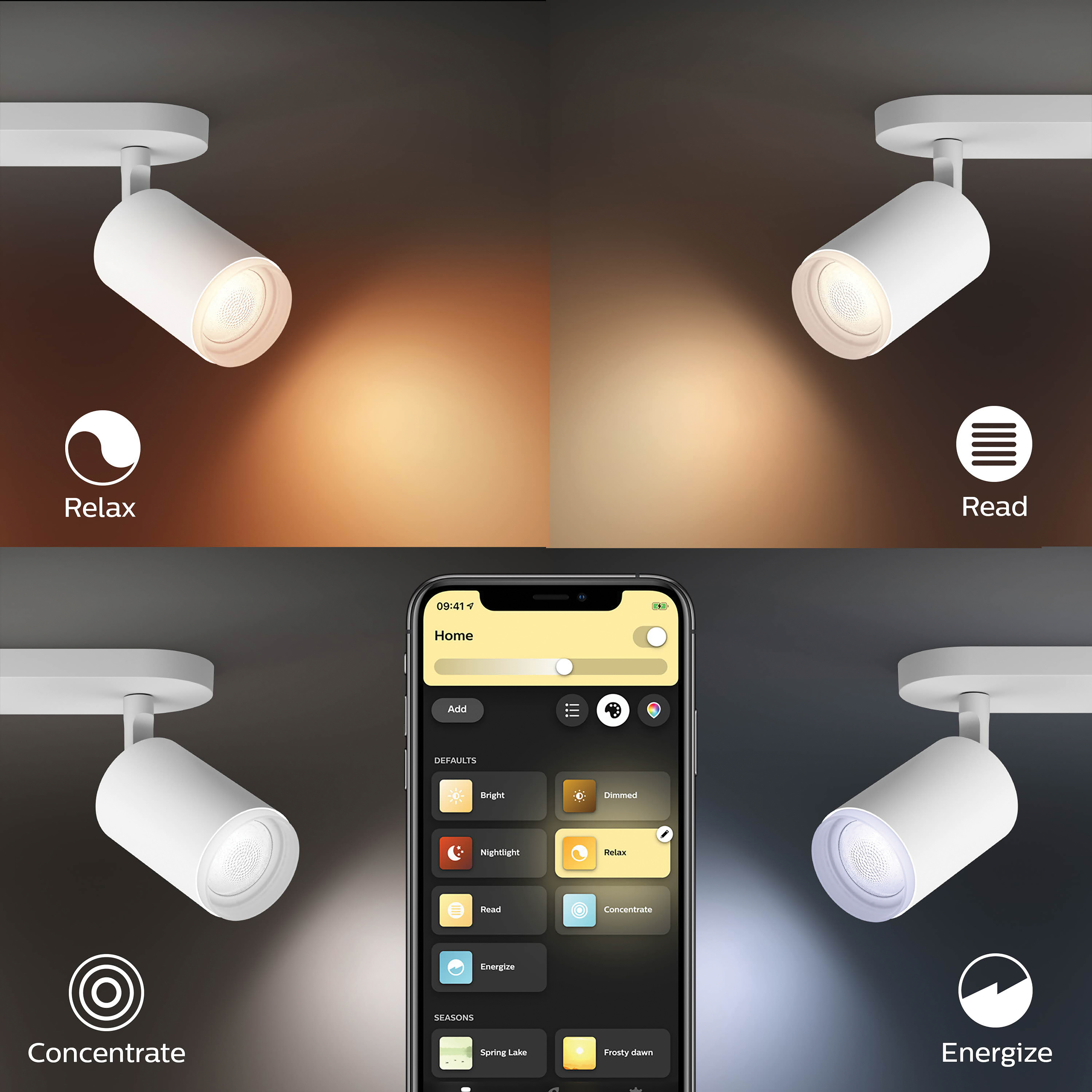 Quatre spots blancs avec différents réglages de lumière : Relax, Read, Concentrate et Energize, avec téléphone.