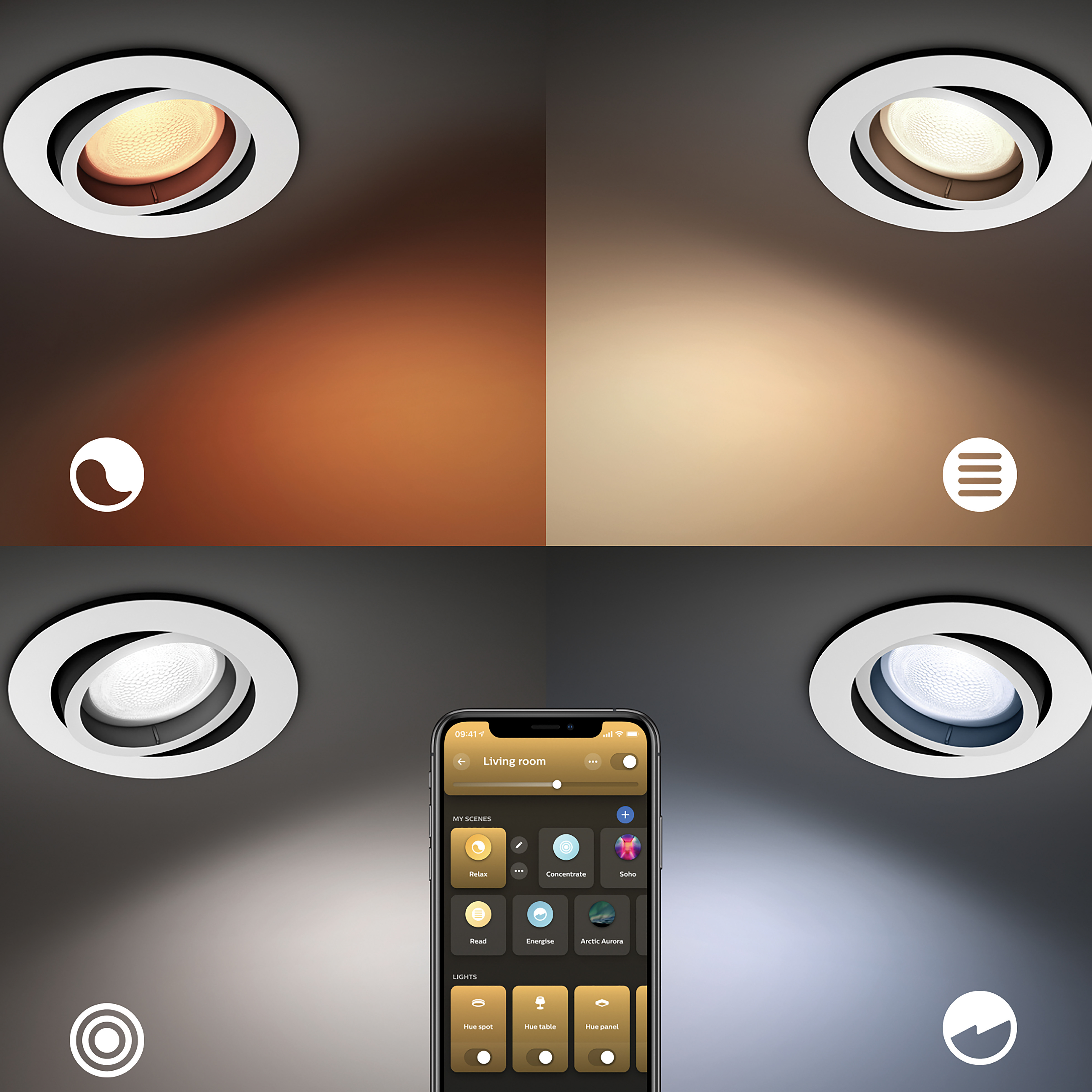 Cztery wpuszczane światła sufitowe w pokoju, każde emitujące różne kolory.