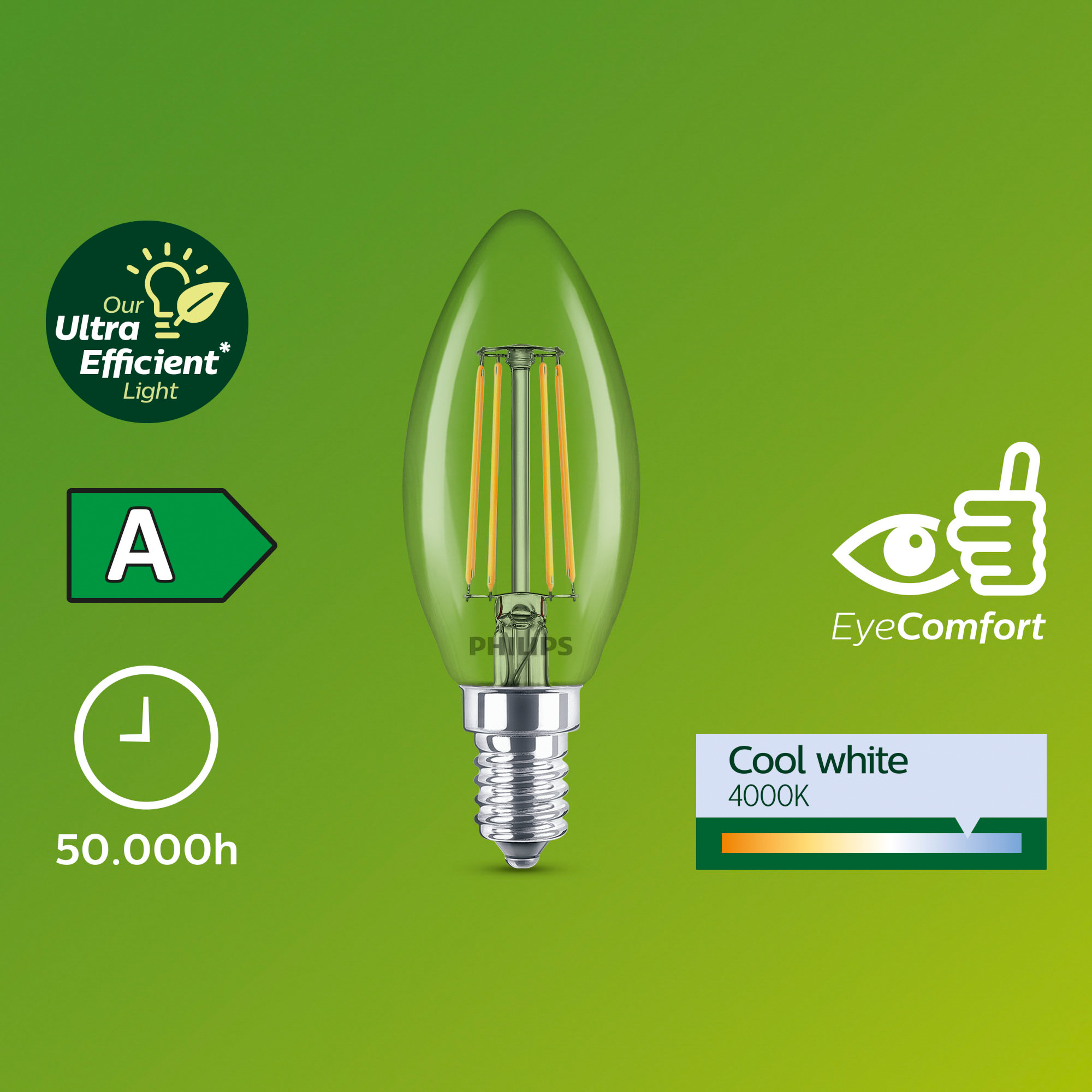 Una lampadina a LED Philips a candela. Vetro trasparente, base argentata, filamenti visibili.