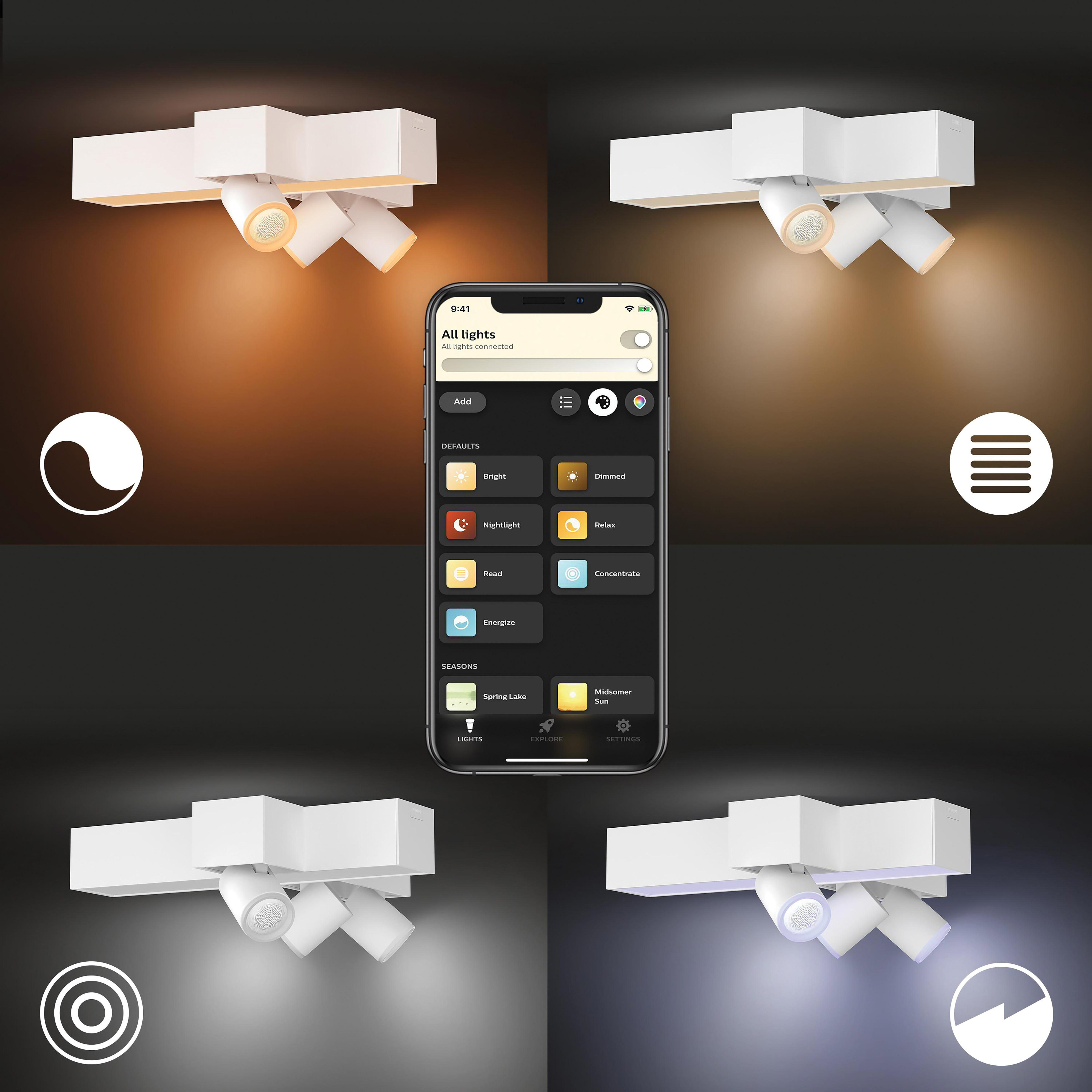 Vier afbeeldingen van verstelbare spots met een smartphone die lichtinstellingen toont.