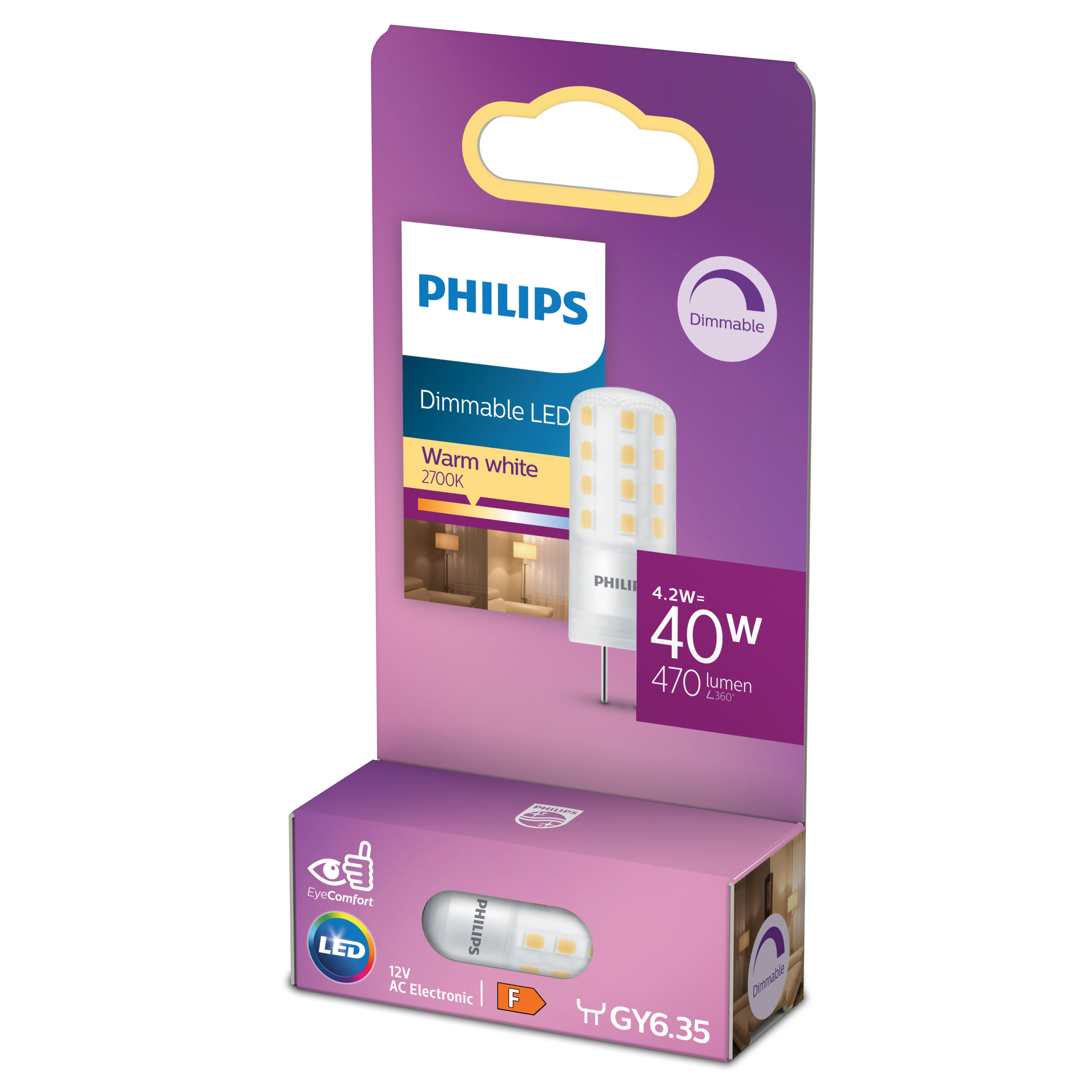 Confezione lampadina LED Philips. LED dimmerabile, bianco caldo, 40W, sfondo bianco.