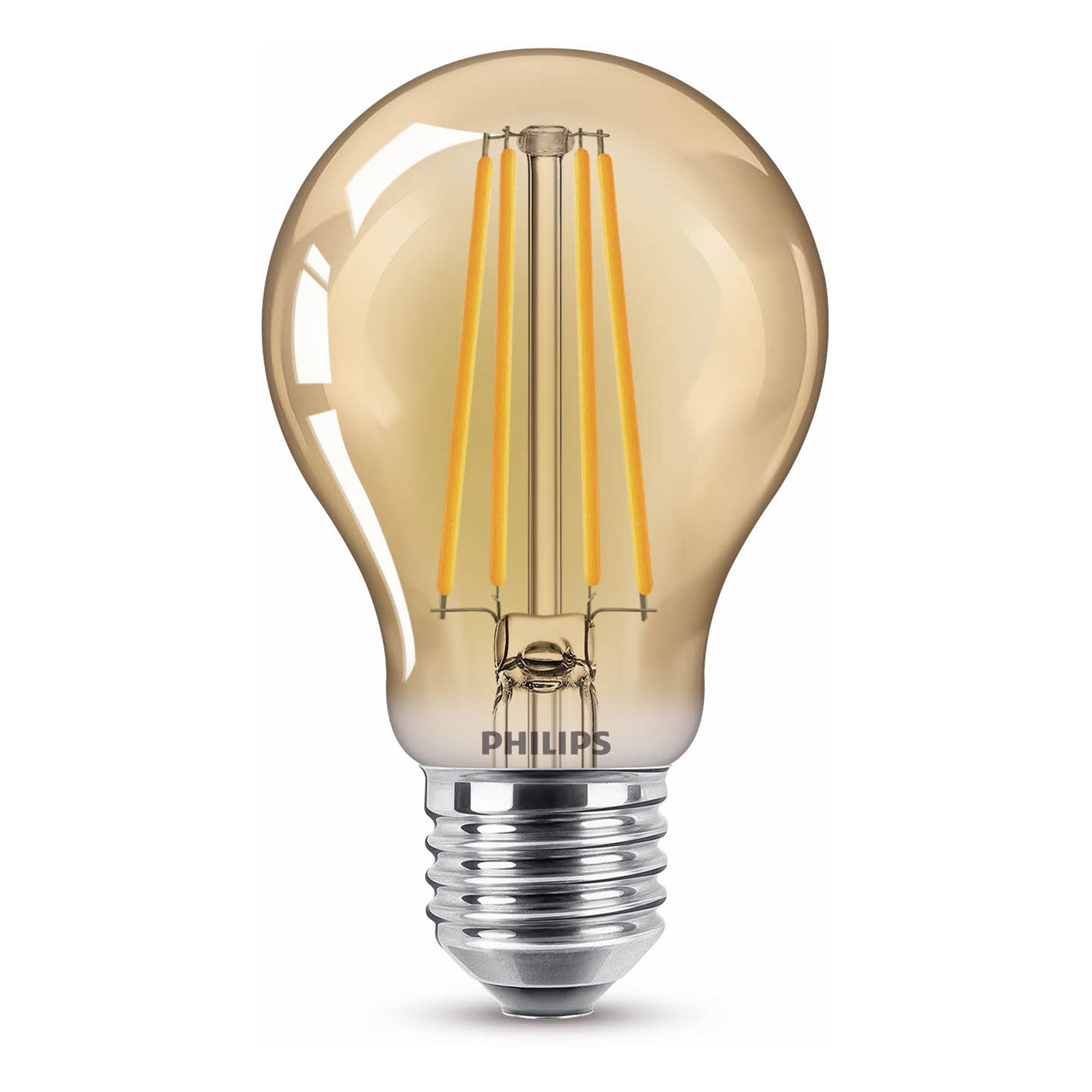 Una lampadina LED Philips. Ha base argentata, vetro trasparente e filamenti arancioni visibili.
