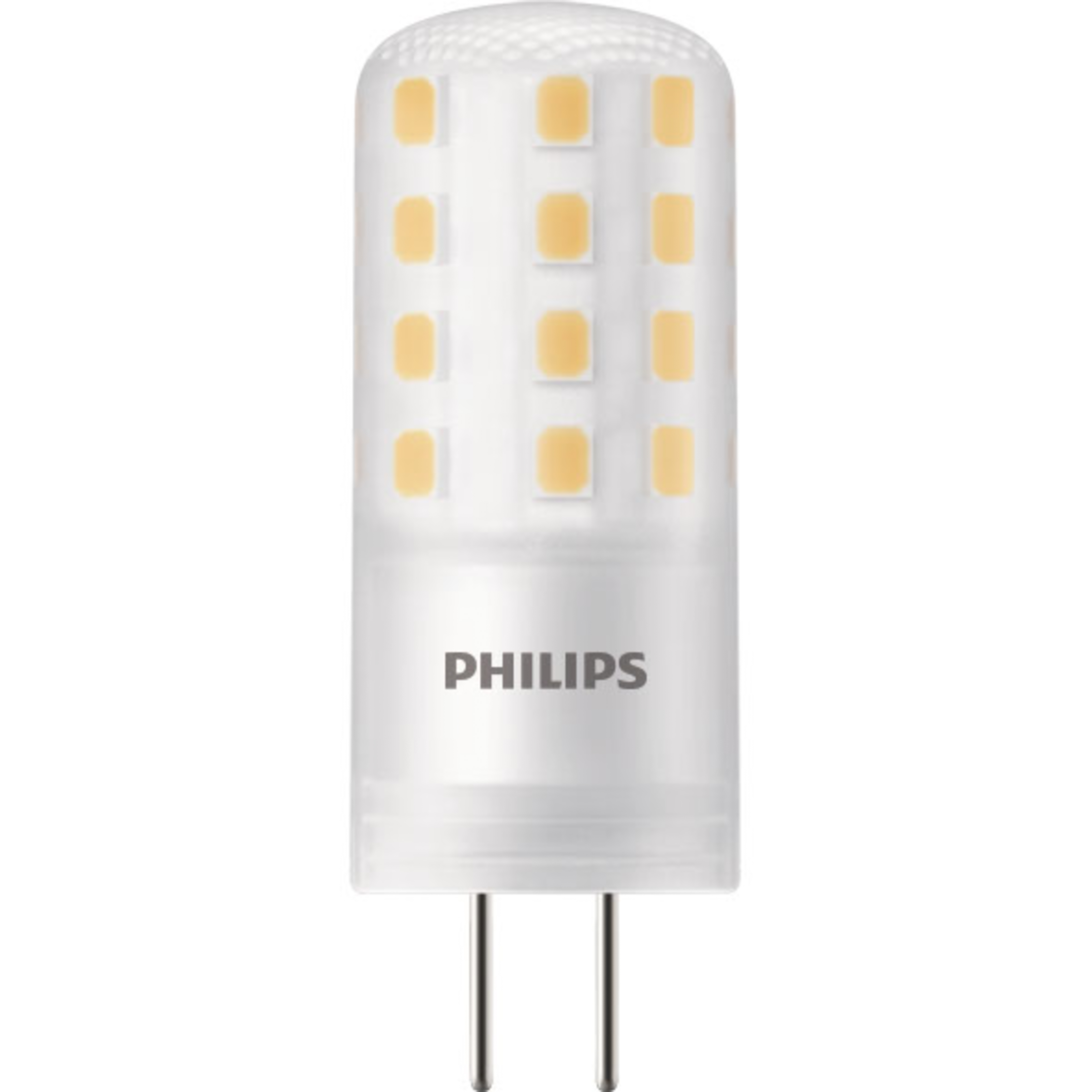 Piccola lampadina LED con pin, il marchio Philips è stampato sopra. Quadrati gialli all'interno.