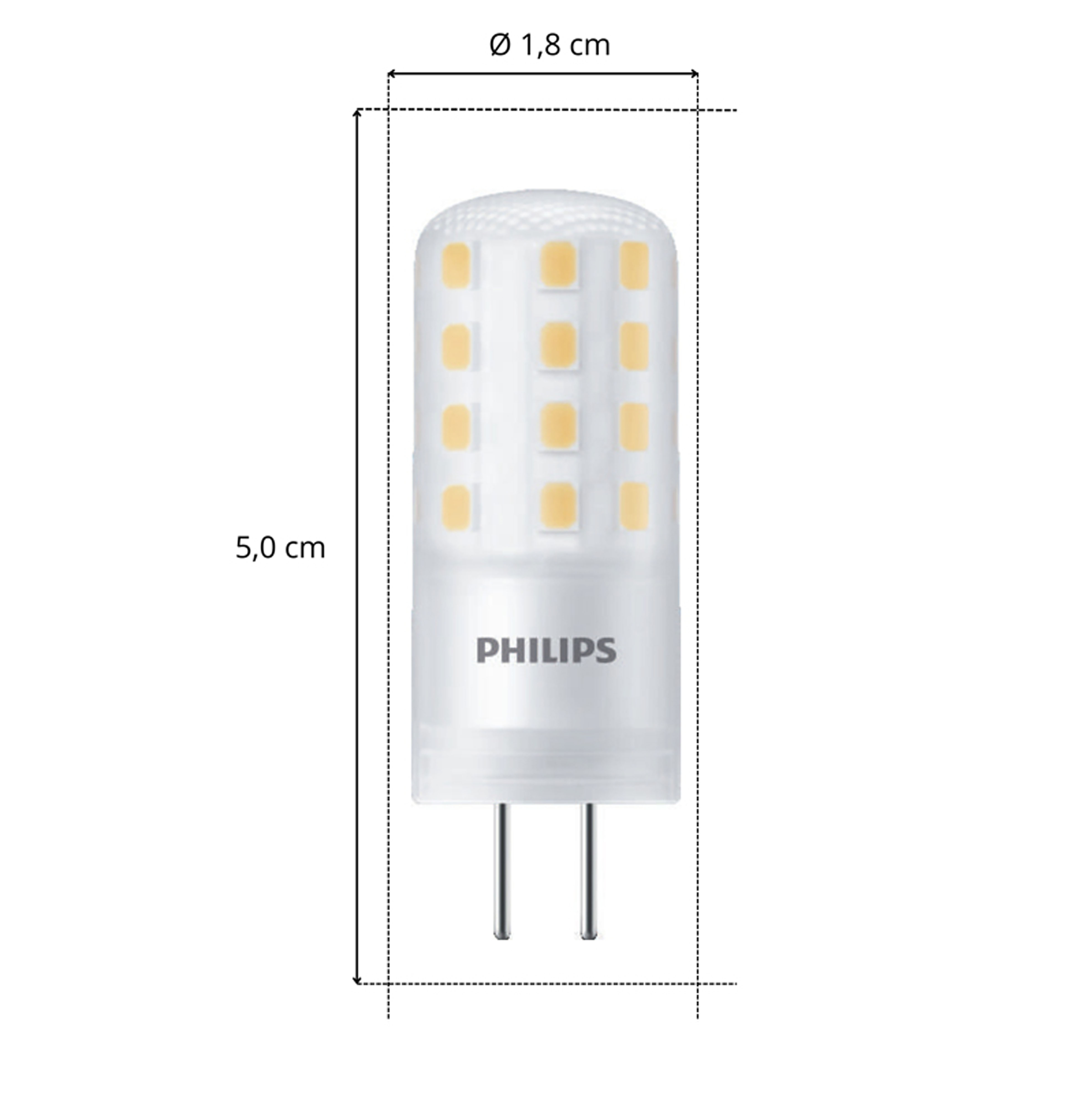 Una lampadina LED Philips con dimensioni. È lunga 5,0 cm e ha un diametro di 1,8 cm.