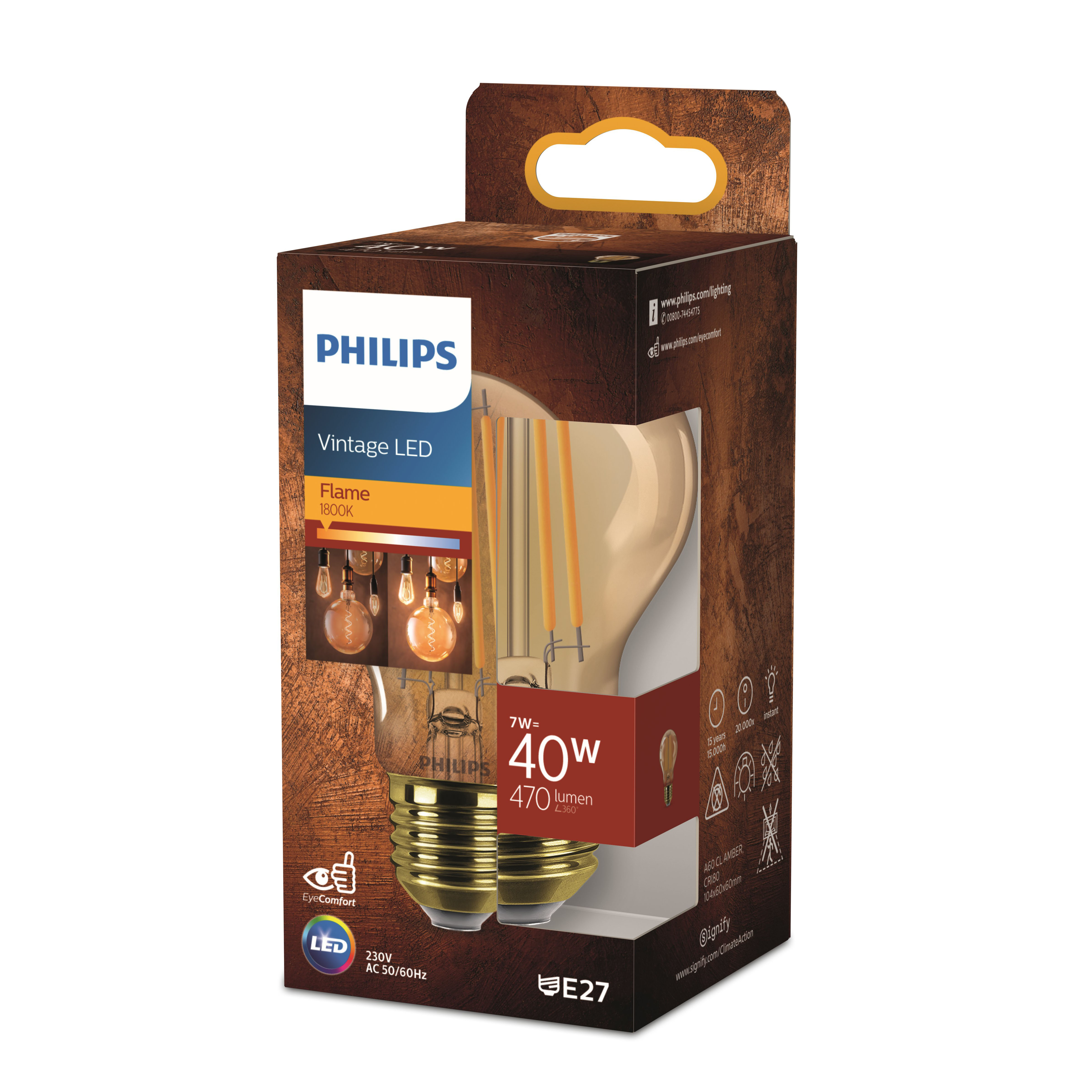 Una lampadina LED vintage Philips e la sua confezione sono esposte.