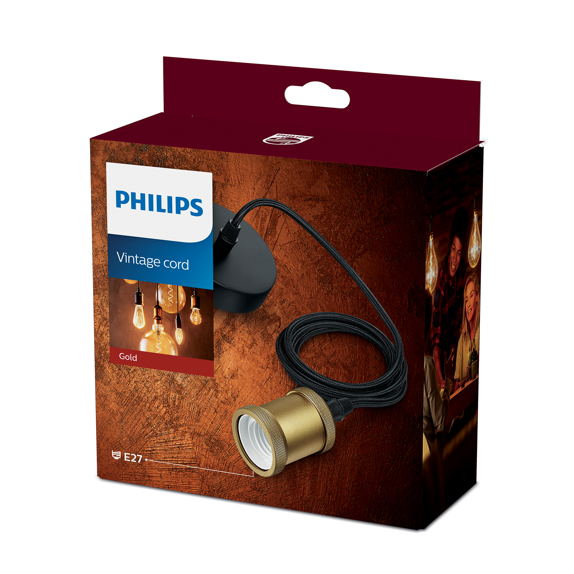 Philips vintage snoerdoos met gouden lamphouder en een doosafbeelding van lichten.