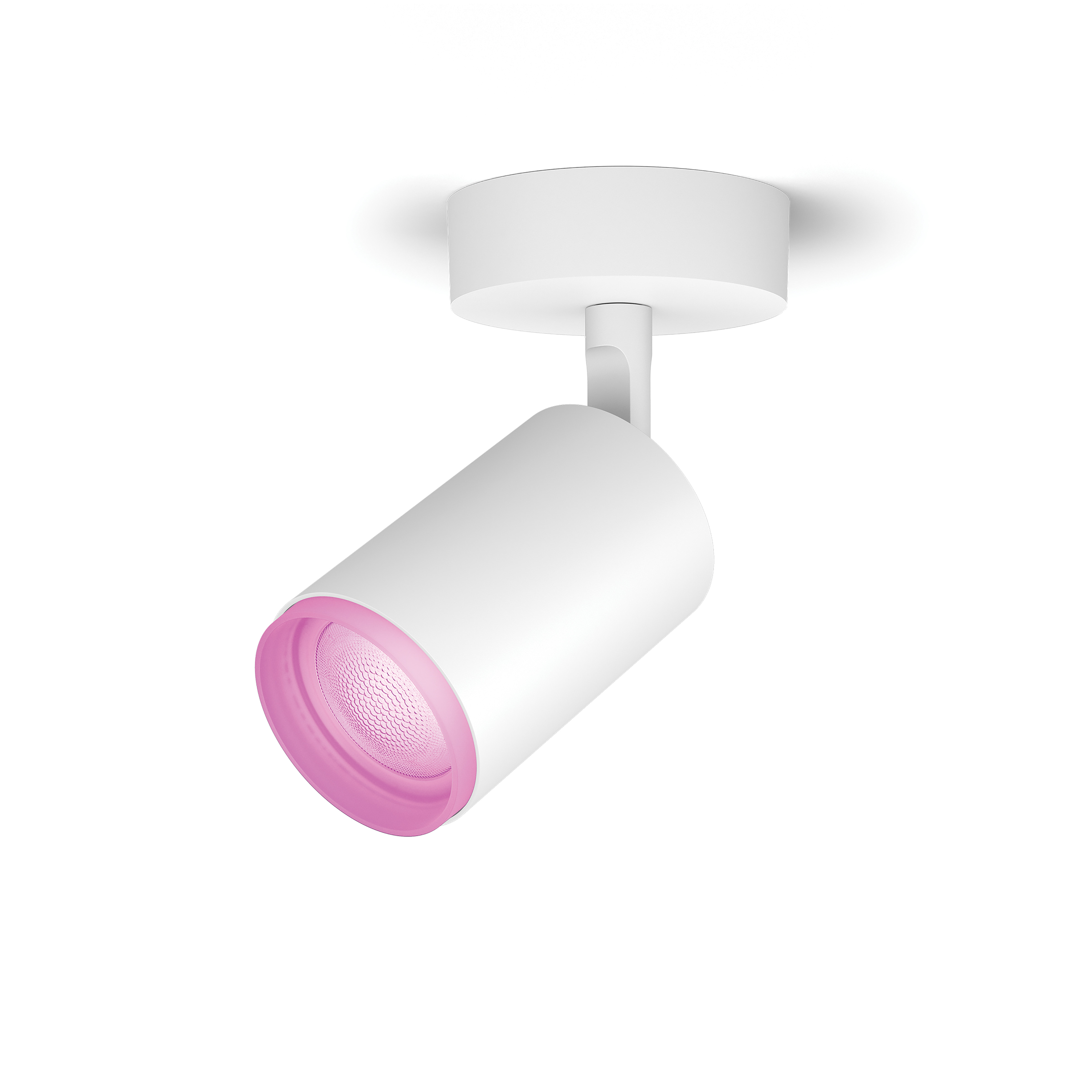 Een witte Philips-spot gericht naar beneden, met roze licht binnenin.