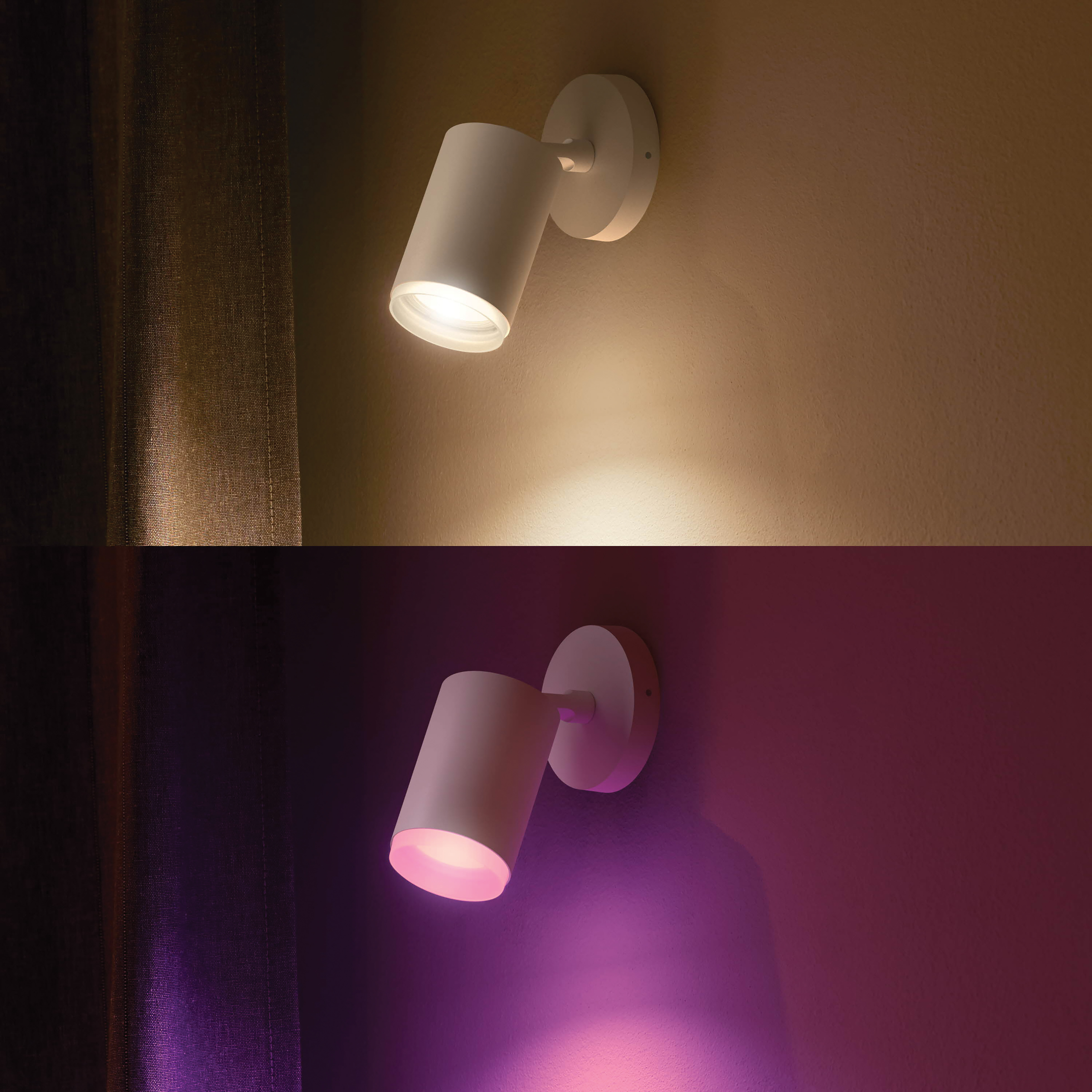 Twee spots aan de muur. Eén lamp is geel, de andere roze. De muur is beige.