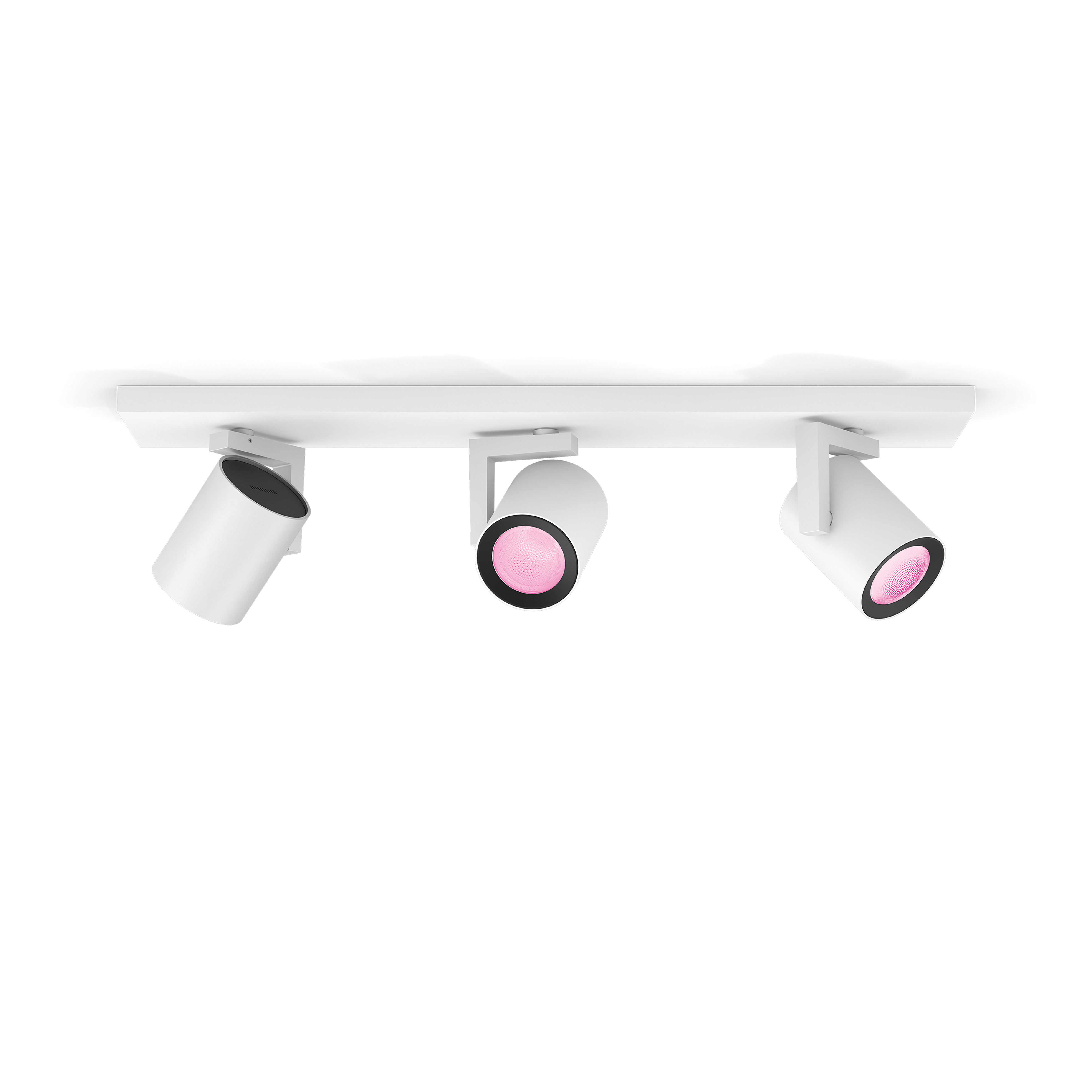 Witte plafondlamp met drie verstelbare spots met roze binnenlicht.