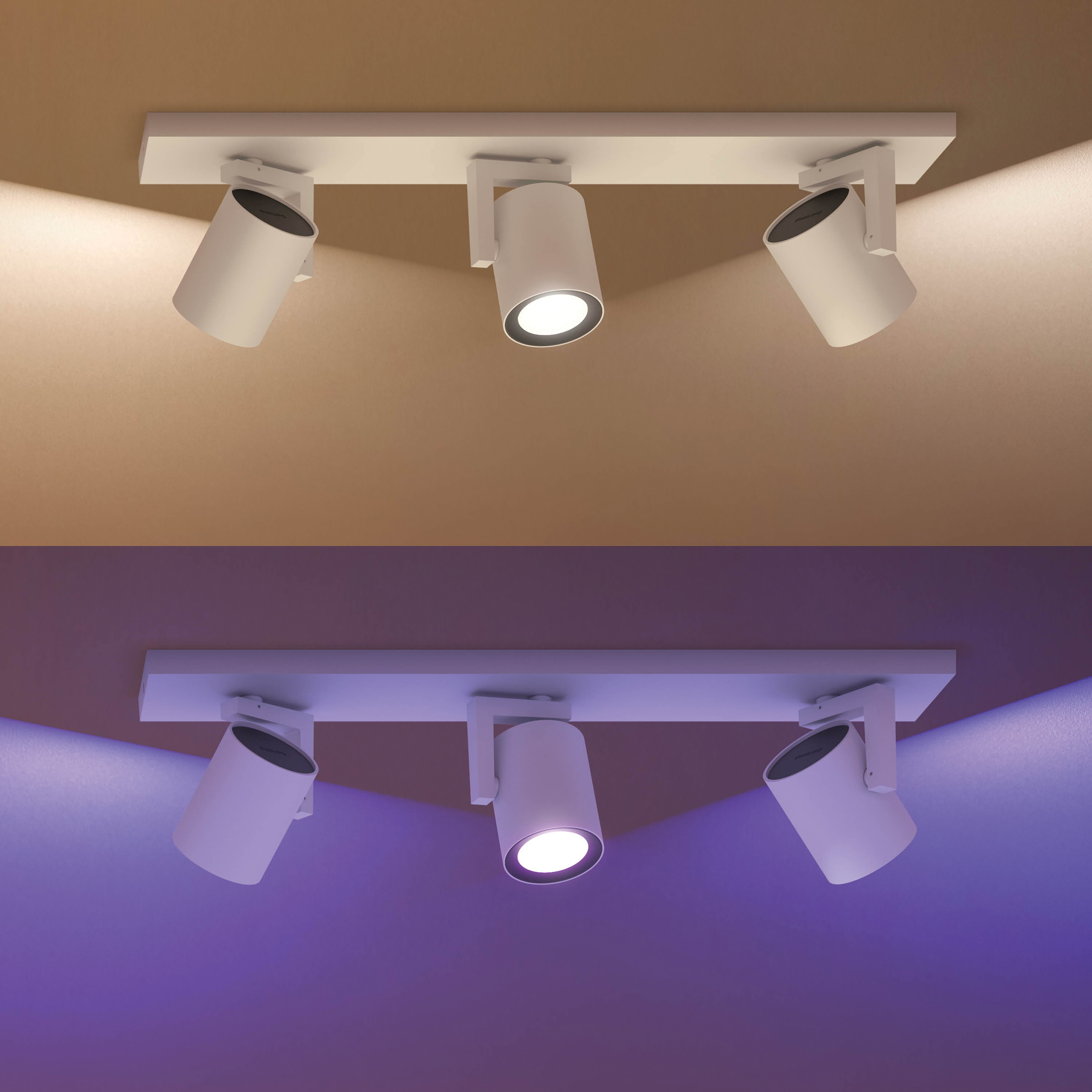 Twee afbeeldingen van witte spots aan een plafond, die verschillende lichtkleuren tonen.