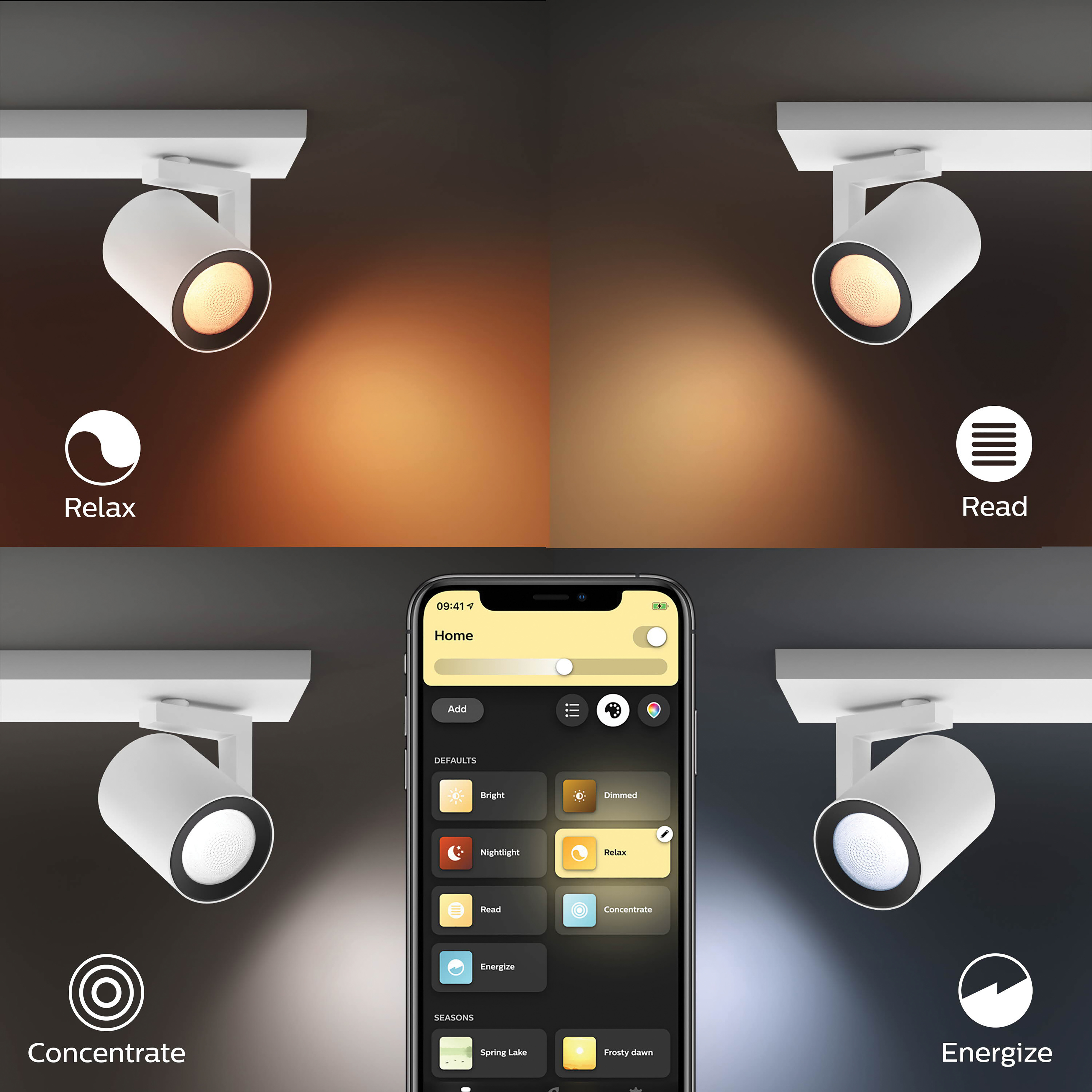 Vier spots met verschillende lichtinstellingen getoond naast een telefooninterface.
