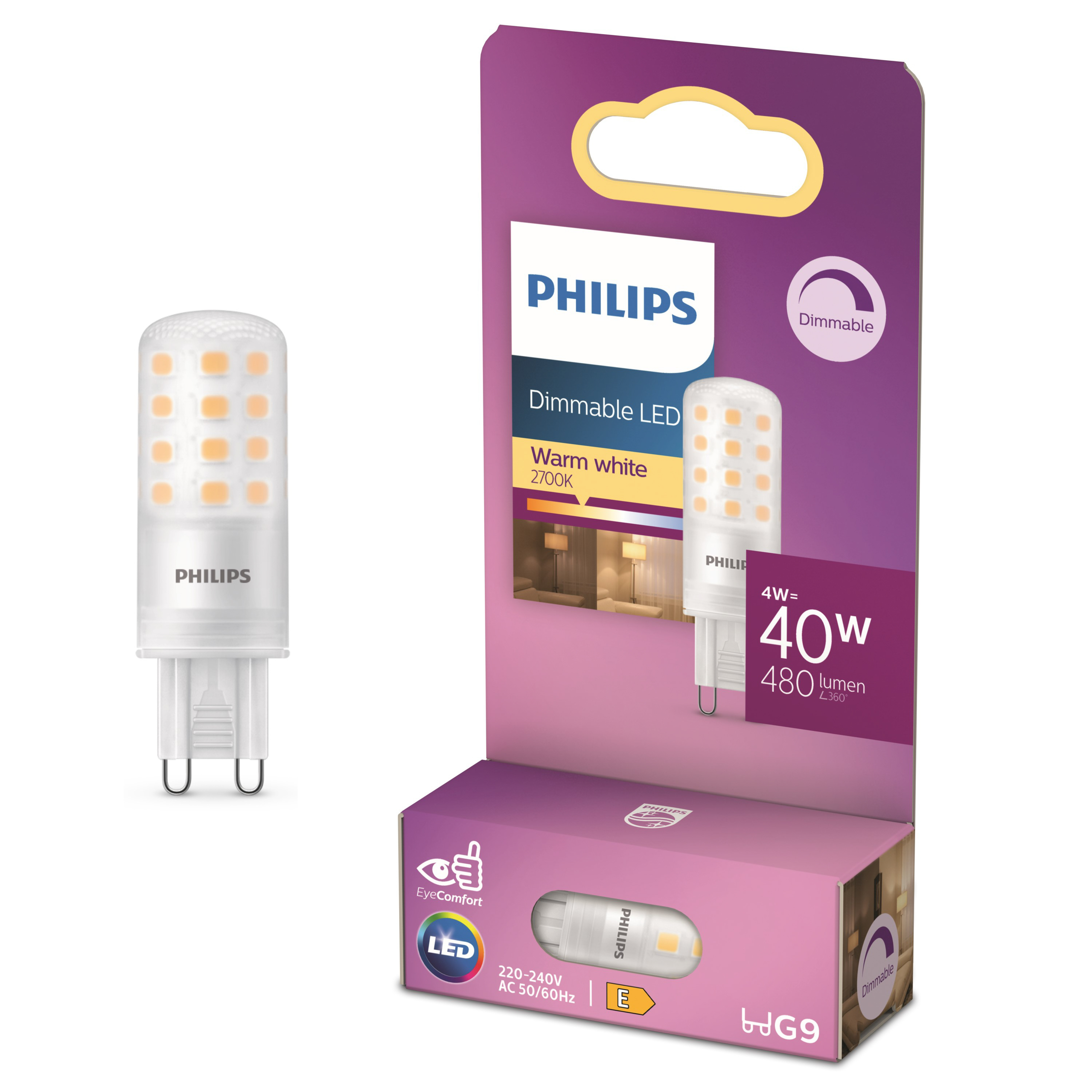 Confezione lampadina LED Philips. Bianco caldo, dimmerabile. Sfondo bianco.