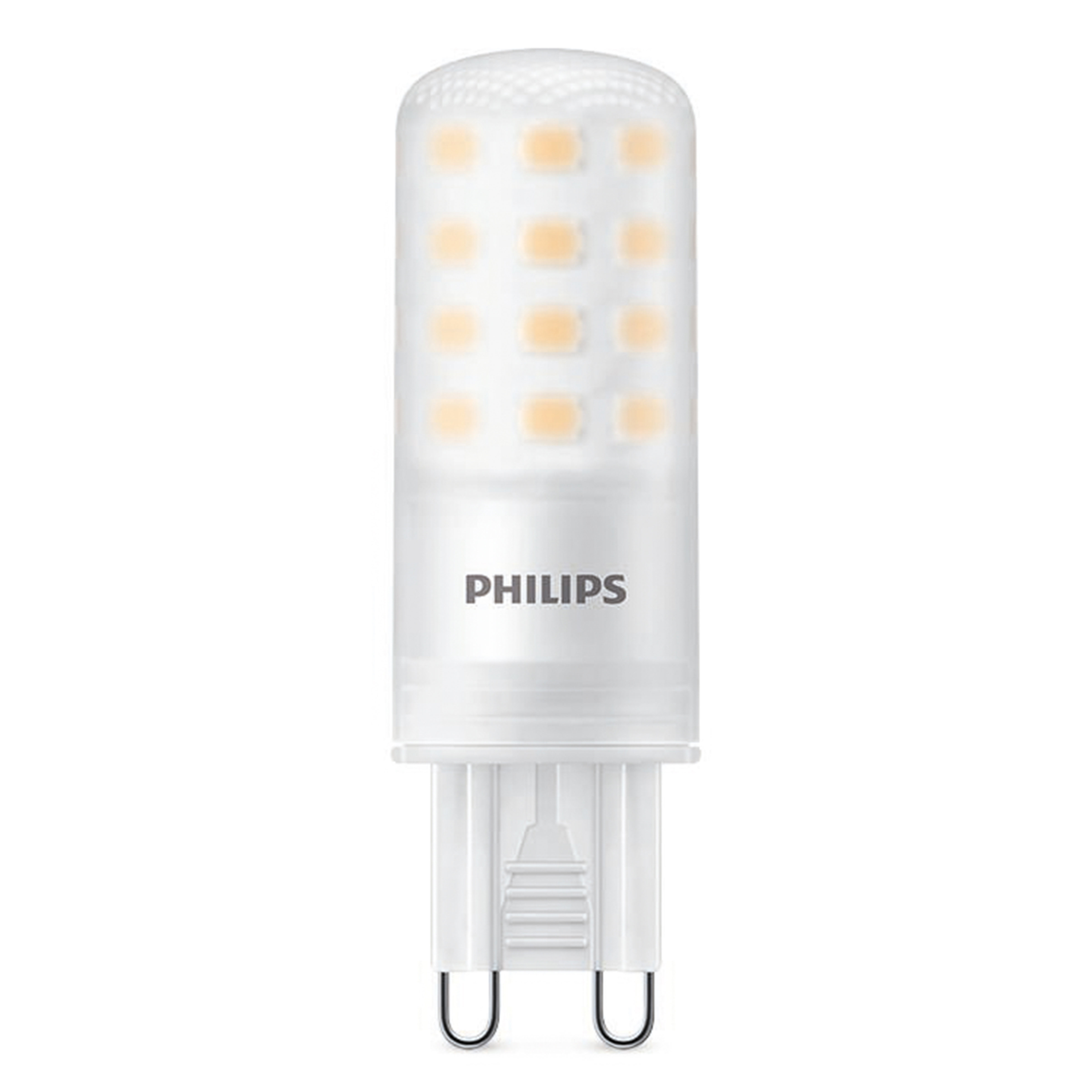 Una lampadina Philips bianca con attacco G9, con luce arancione, su sfondo bianco.