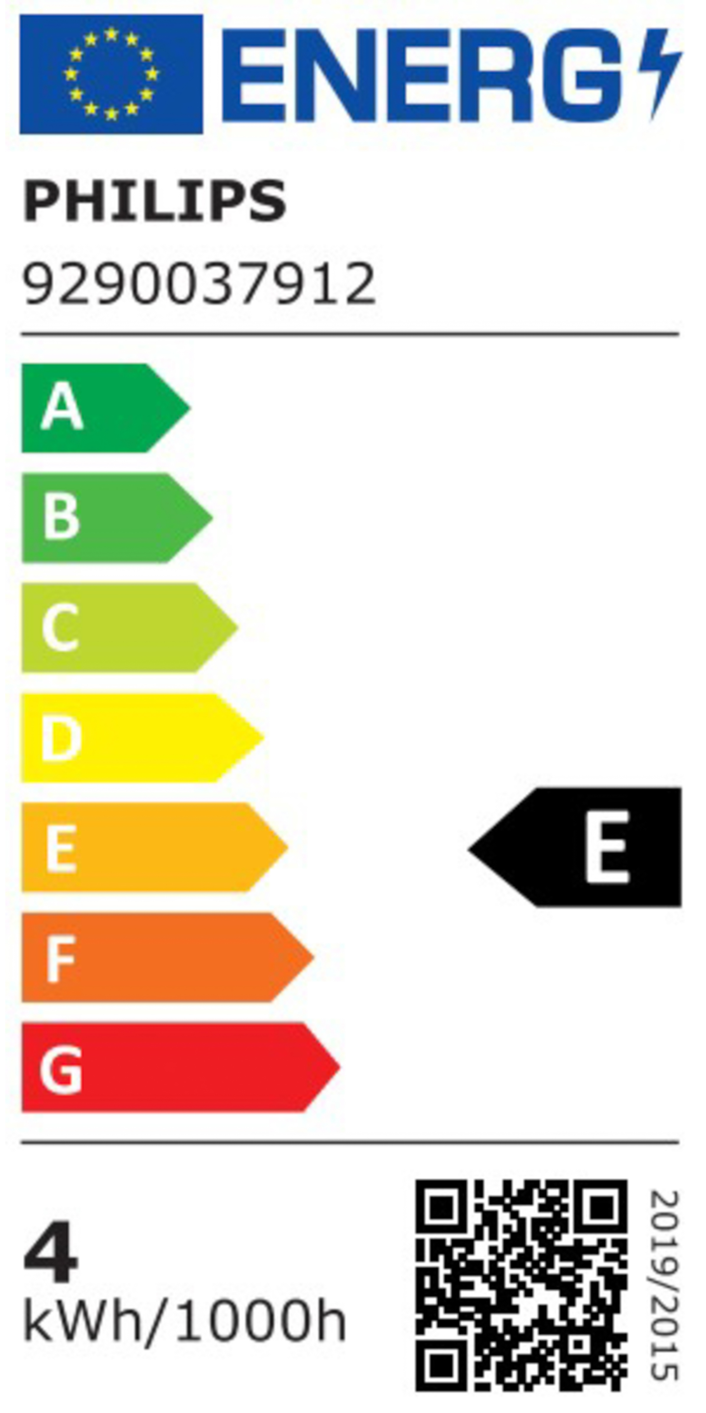 Etichetta energetica con classe E, marchio Philips e altre specifiche.