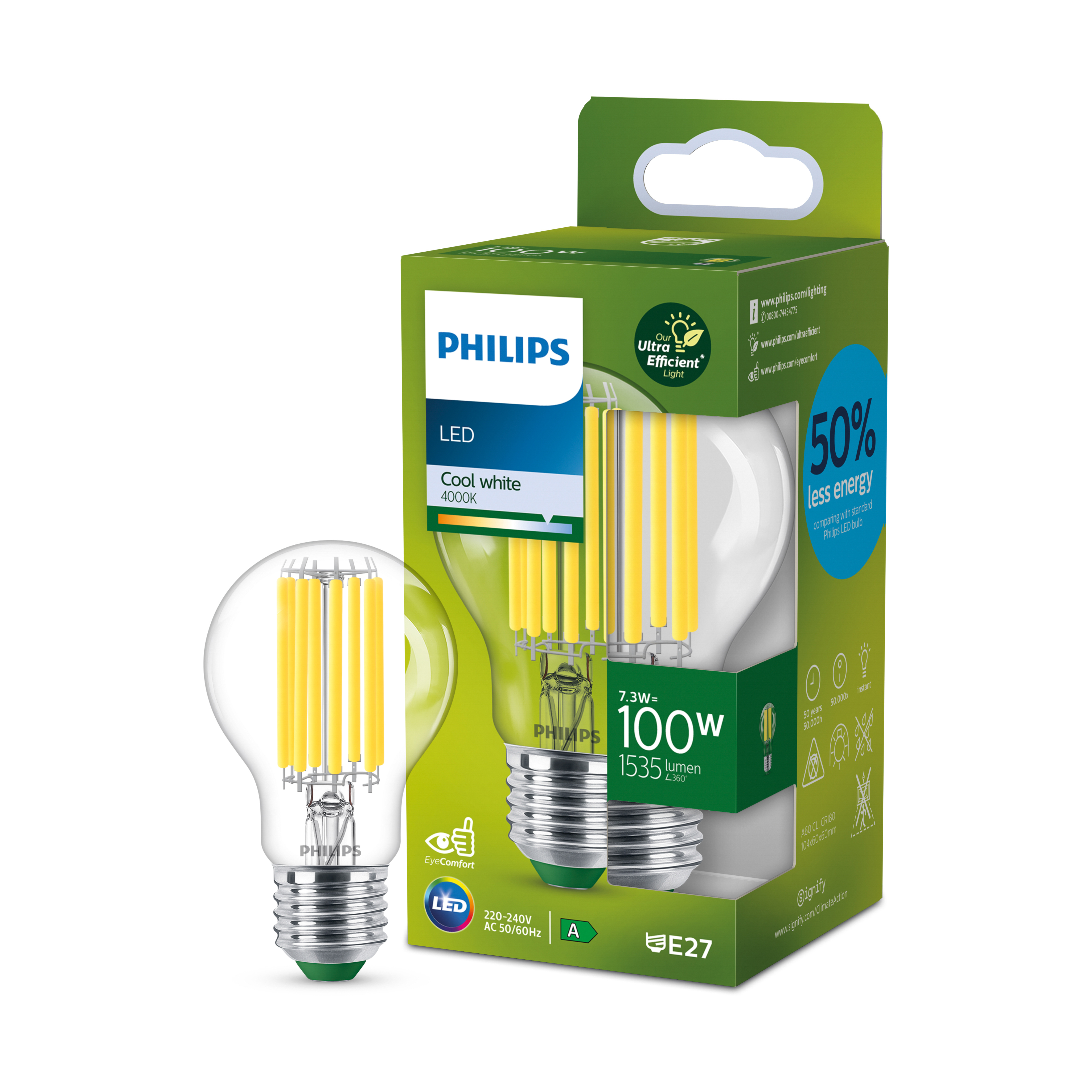 Ampoule LED avec emballage. Couleurs vert, blanc et jaune. Fond blanc.