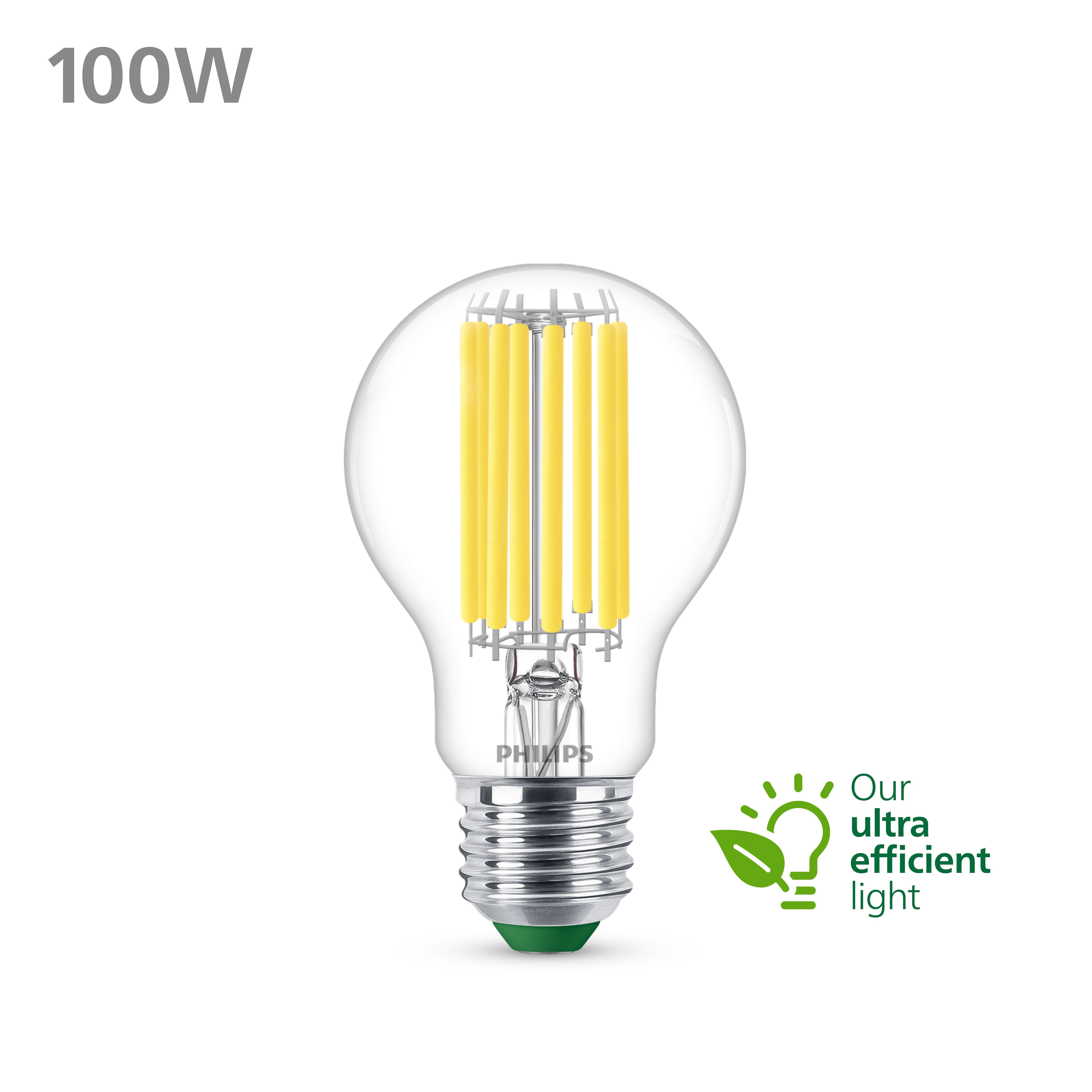 Ampoule LED Philips, verre transparent, filaments jaunes. Fond blanc.