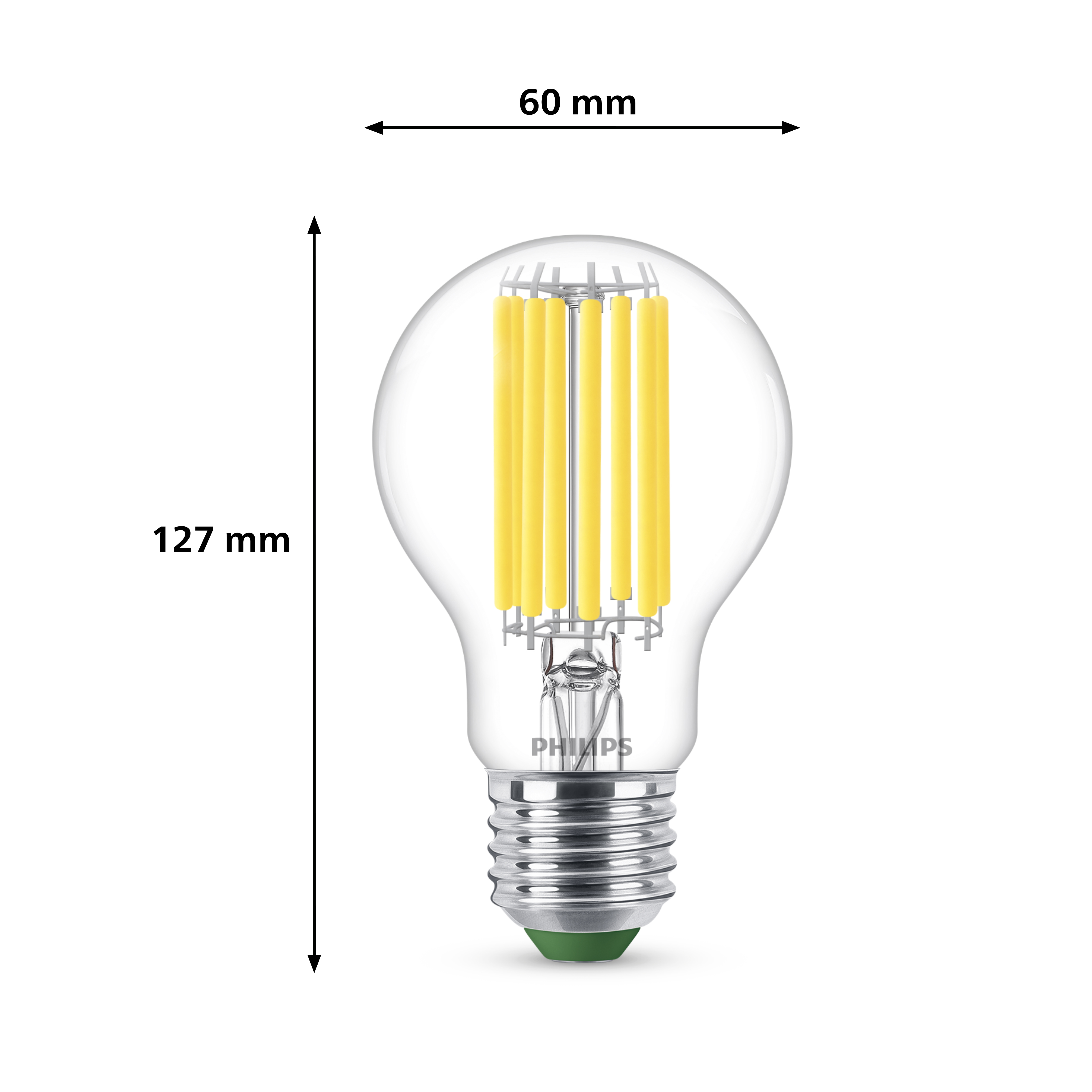 Ampoule en verre clair avec filaments LED jaunes, dimensions 60mm x 127mm, base verte et filetage métallique.