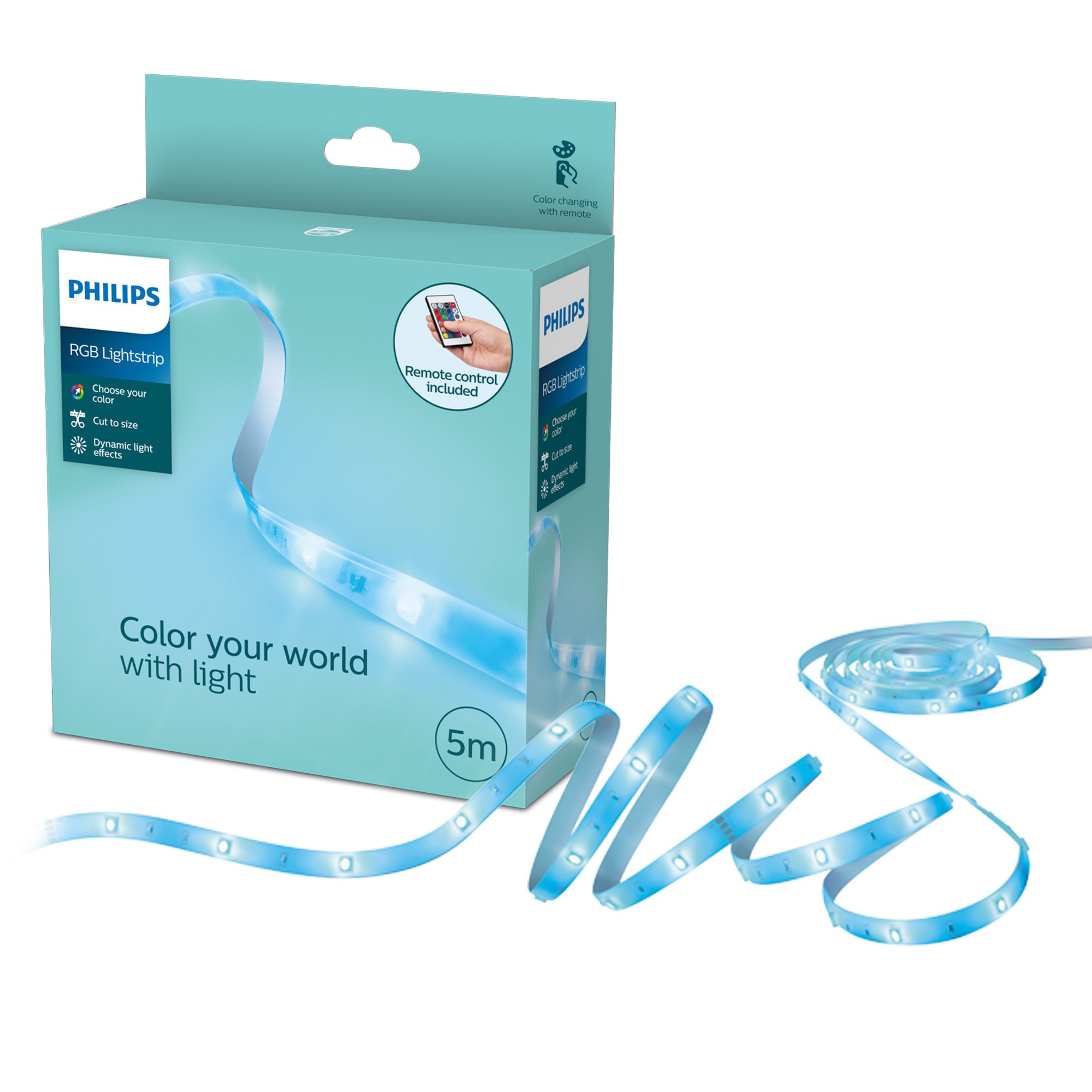 Philips lightstrip box met uitgerolde blauwe lichtstrip en afstandsbediening.