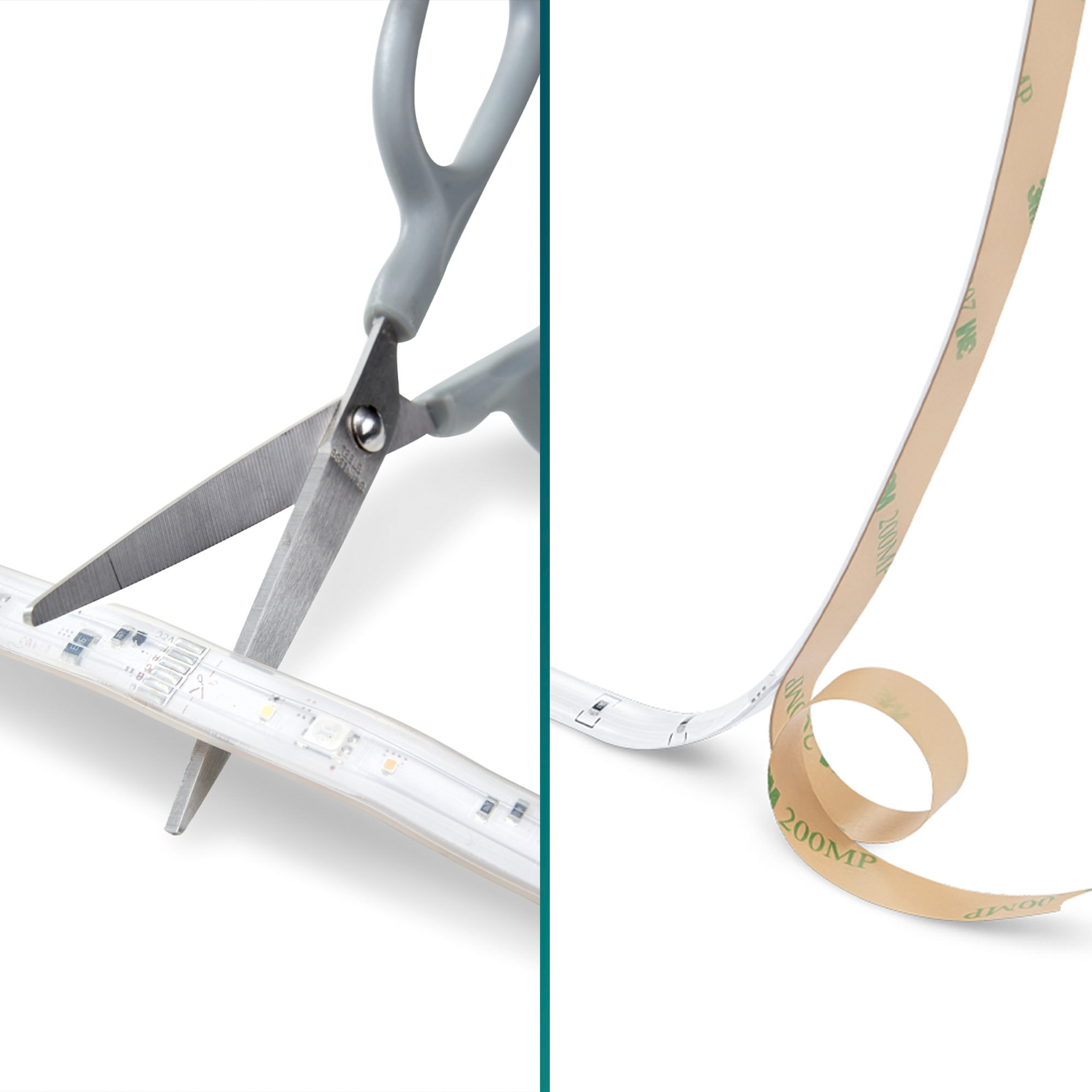 Schaar die een LED-strip snijdt, met 3M plakband rechts zichtbaar.