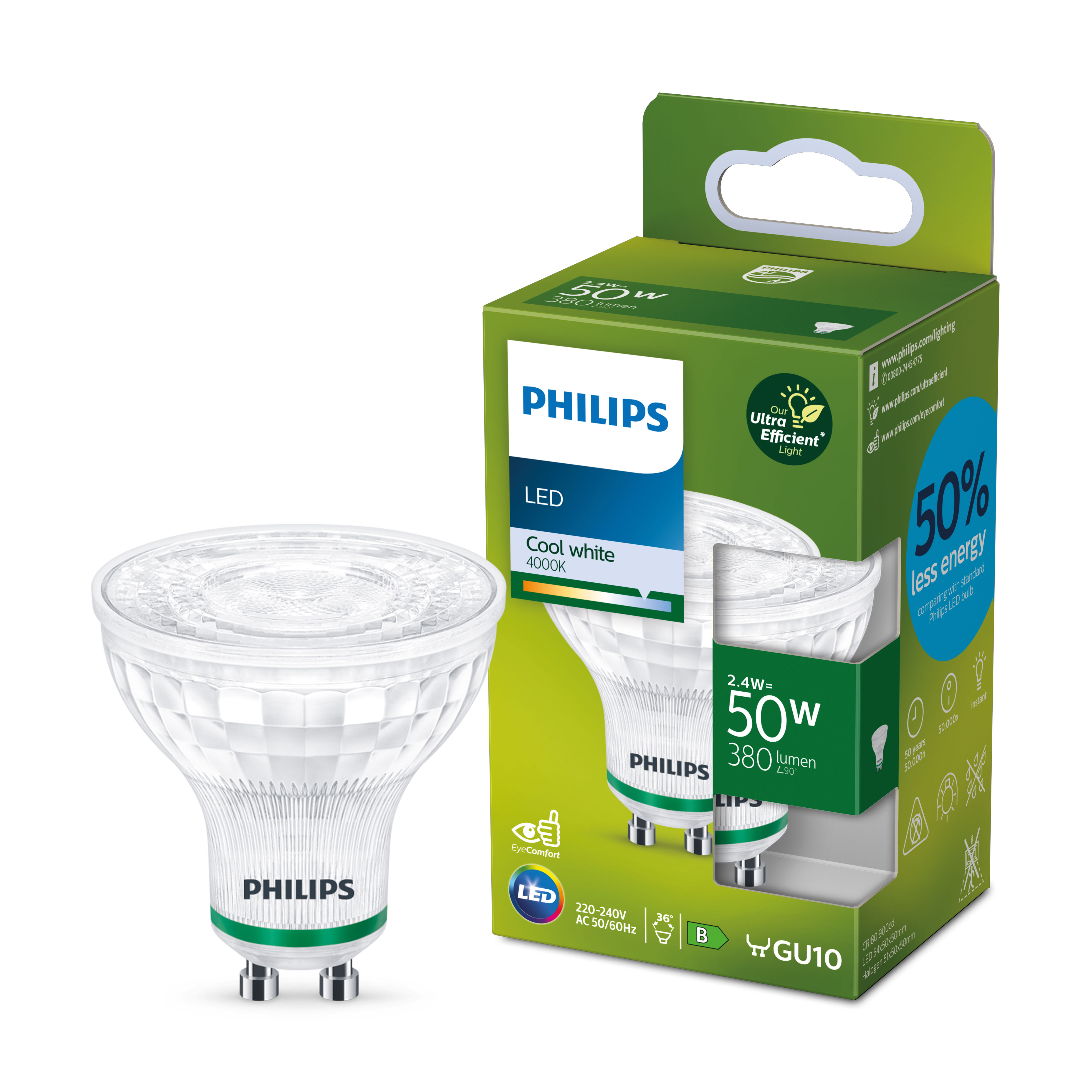 Un faretto LED Philips e la sua scatola. La scatola è bianca e verde, mostra la lampadina e le specifiche.