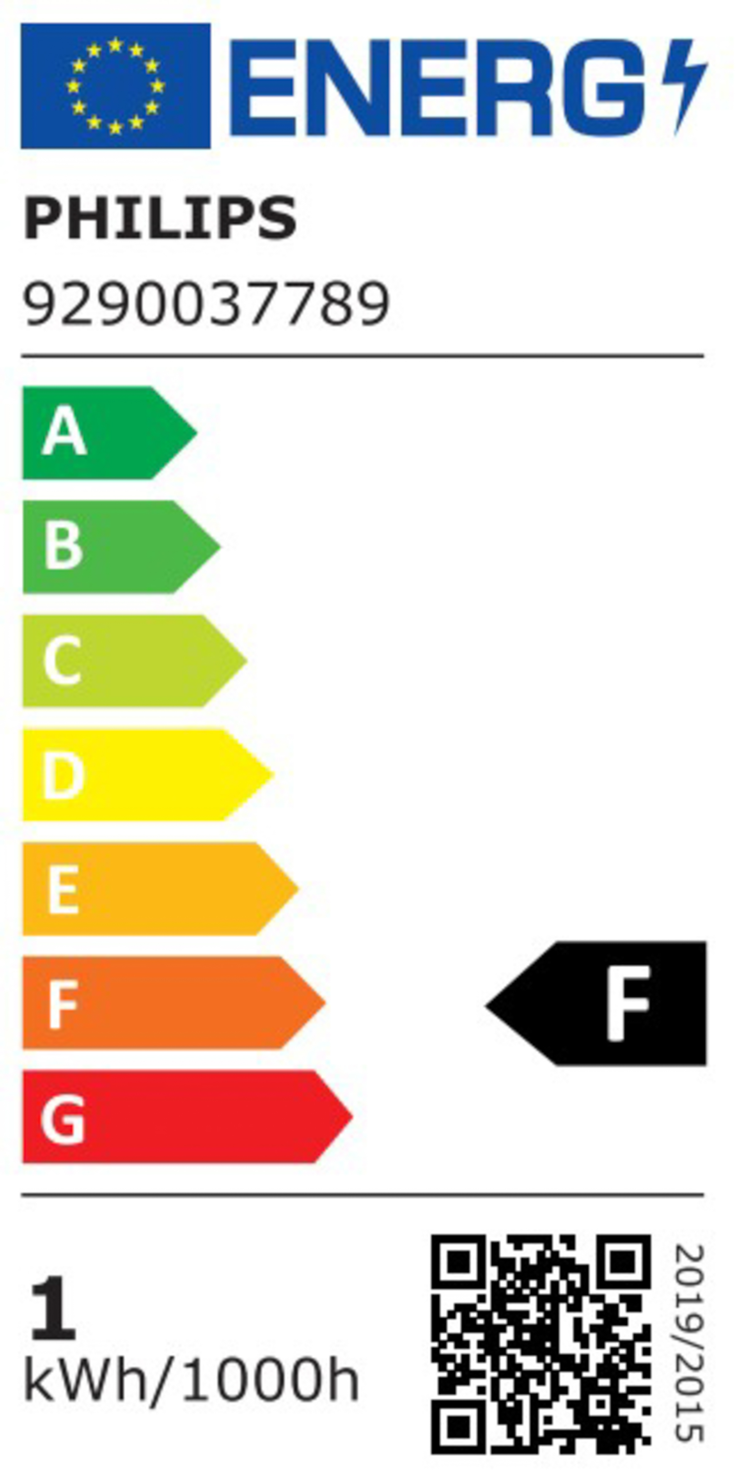 Energy label with a Philips logo showing an F energy rating.