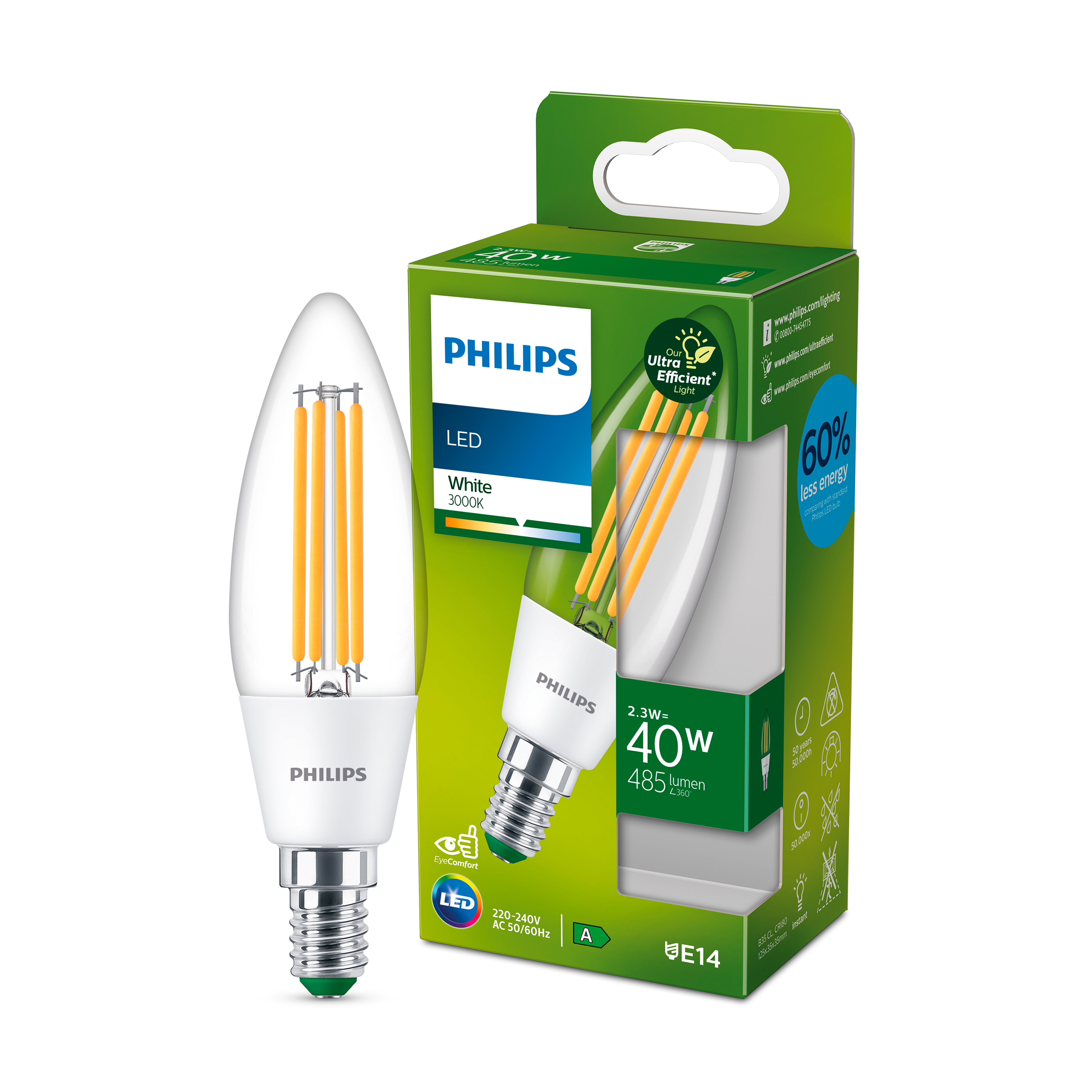 Ampoule LED Philips dans une boîte. La boîte est verte et blanche avec des détails.