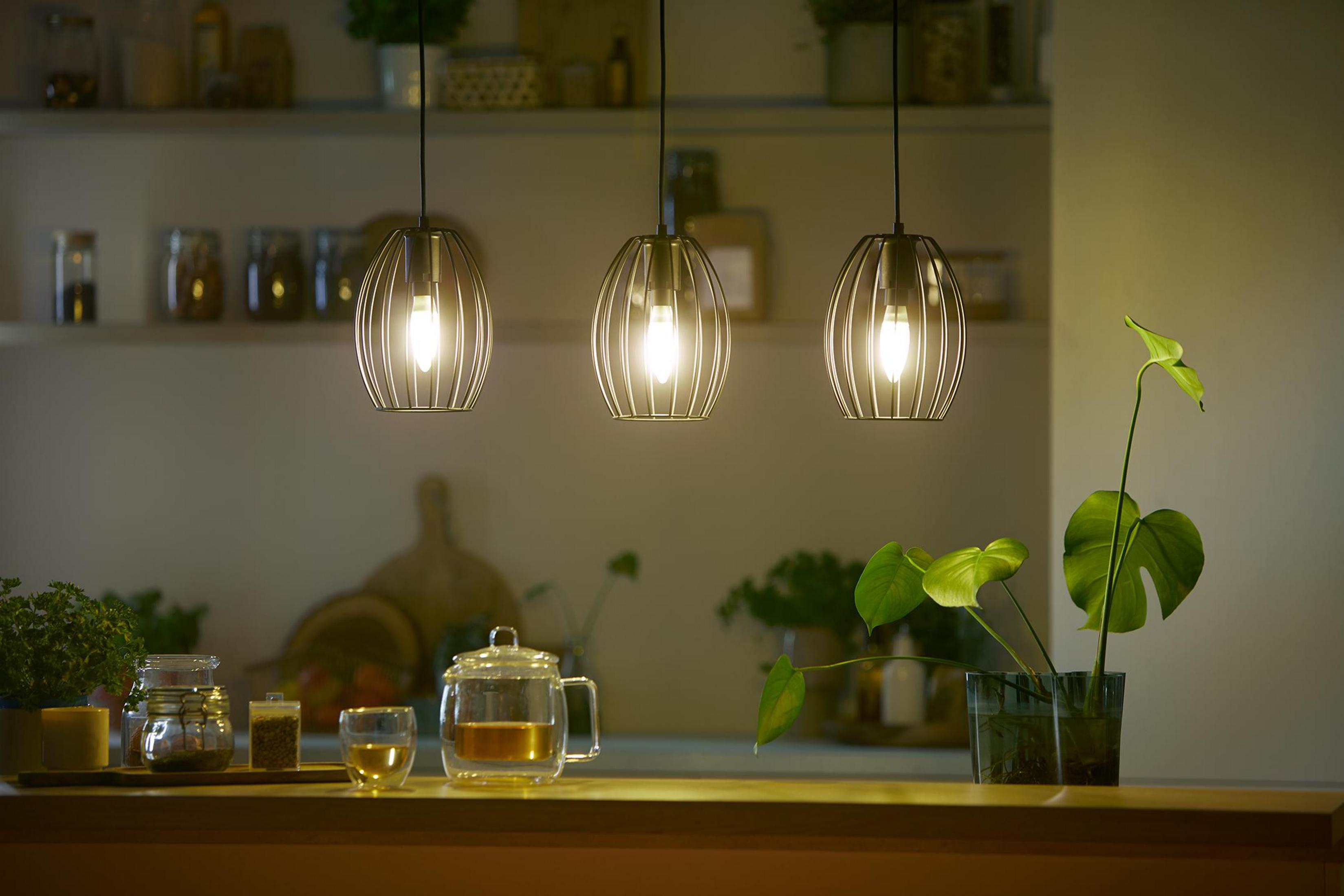 Trois lampes suspendues au-dessus d'un comptoir en bois. Derrière, une cuisine avec des plantes et une théière en verre.