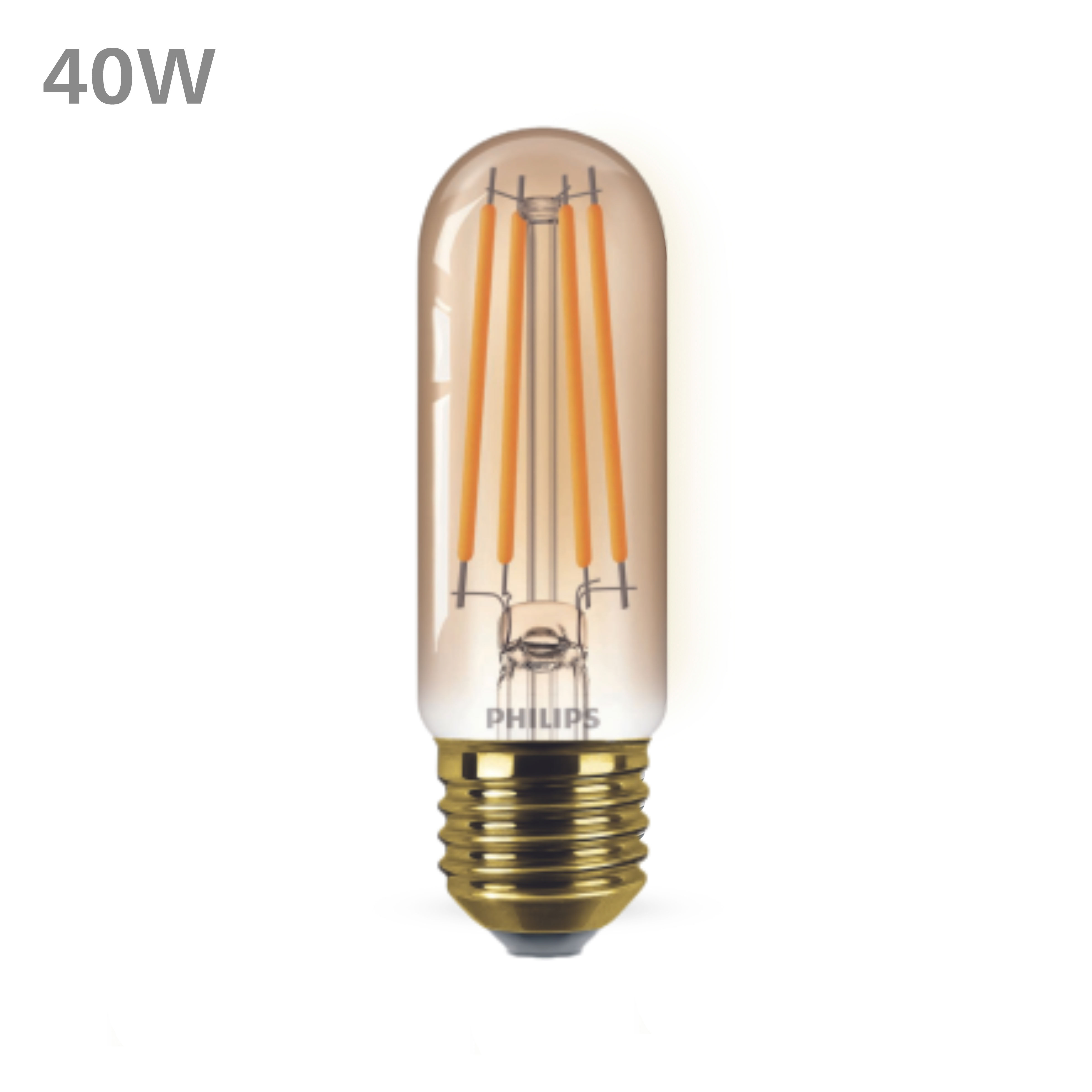 Una lampadina tubolare LED Philips da 40W con filamenti arancioni e base dorata, isolata su sfondo bianco.