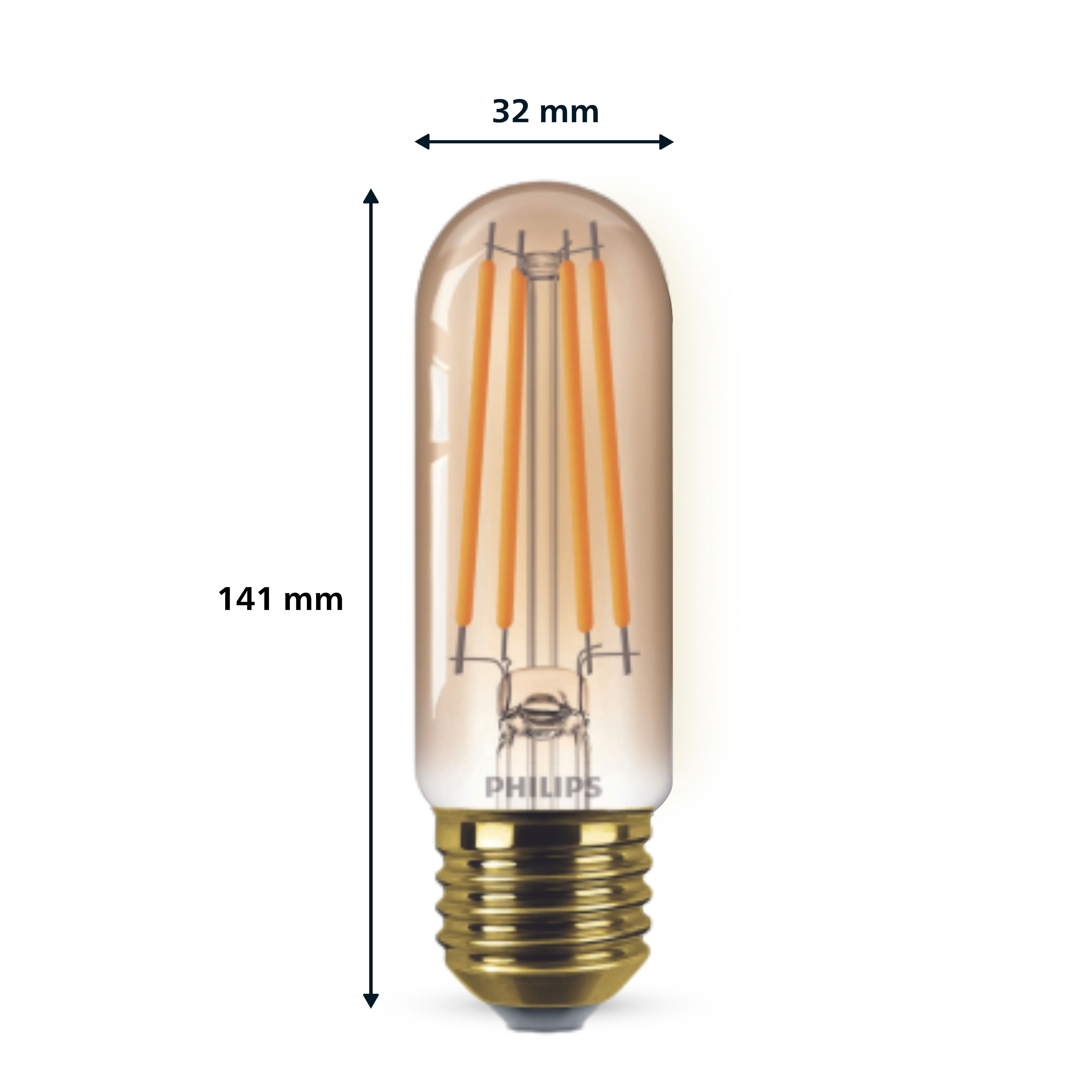Lampadina cilindrica con base dorata, vetro trasparente e filamenti arancioni visibili.