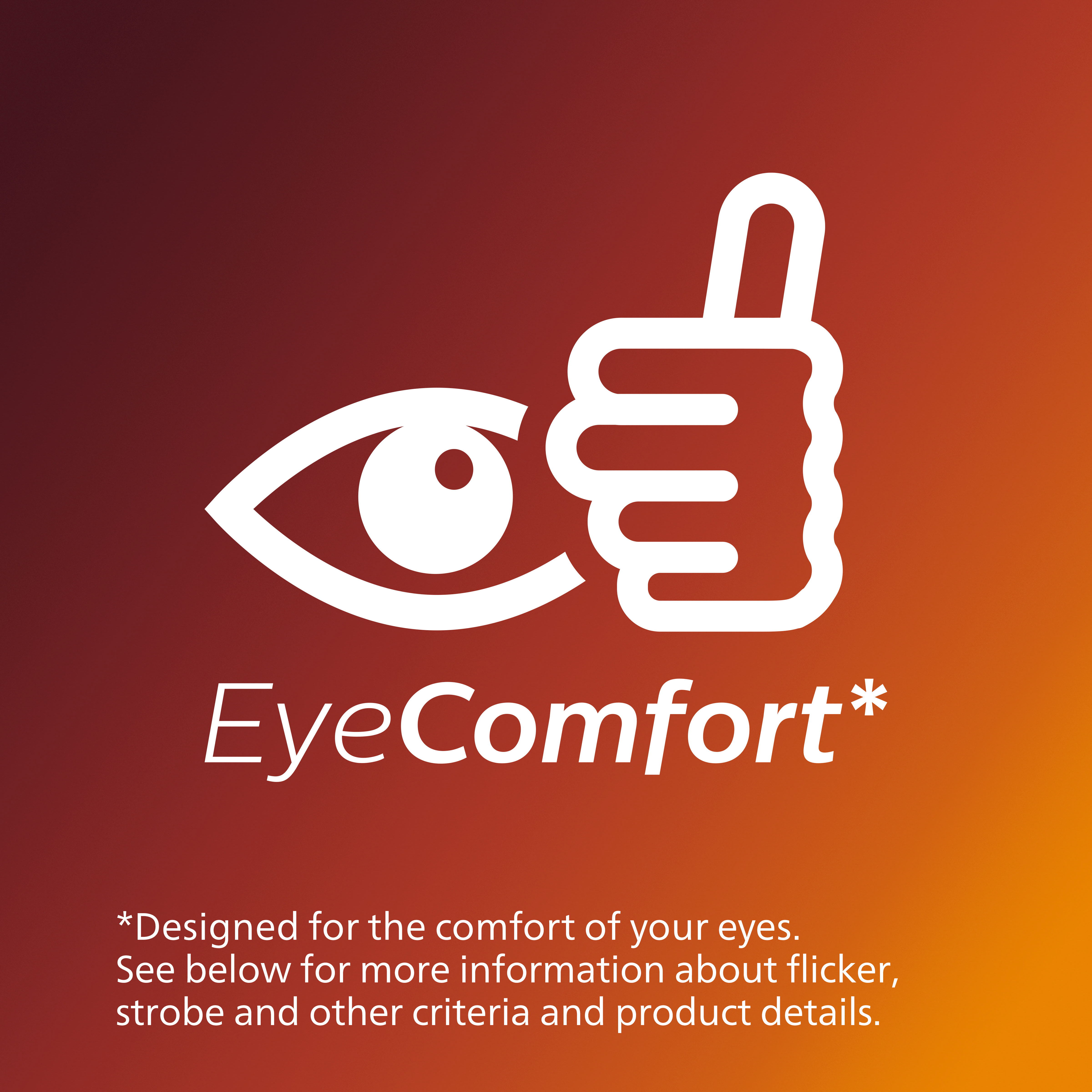 Logo EyeComfort: occhio con pollice in su. Testo: Progettato per il comfort dei tuoi occhi.