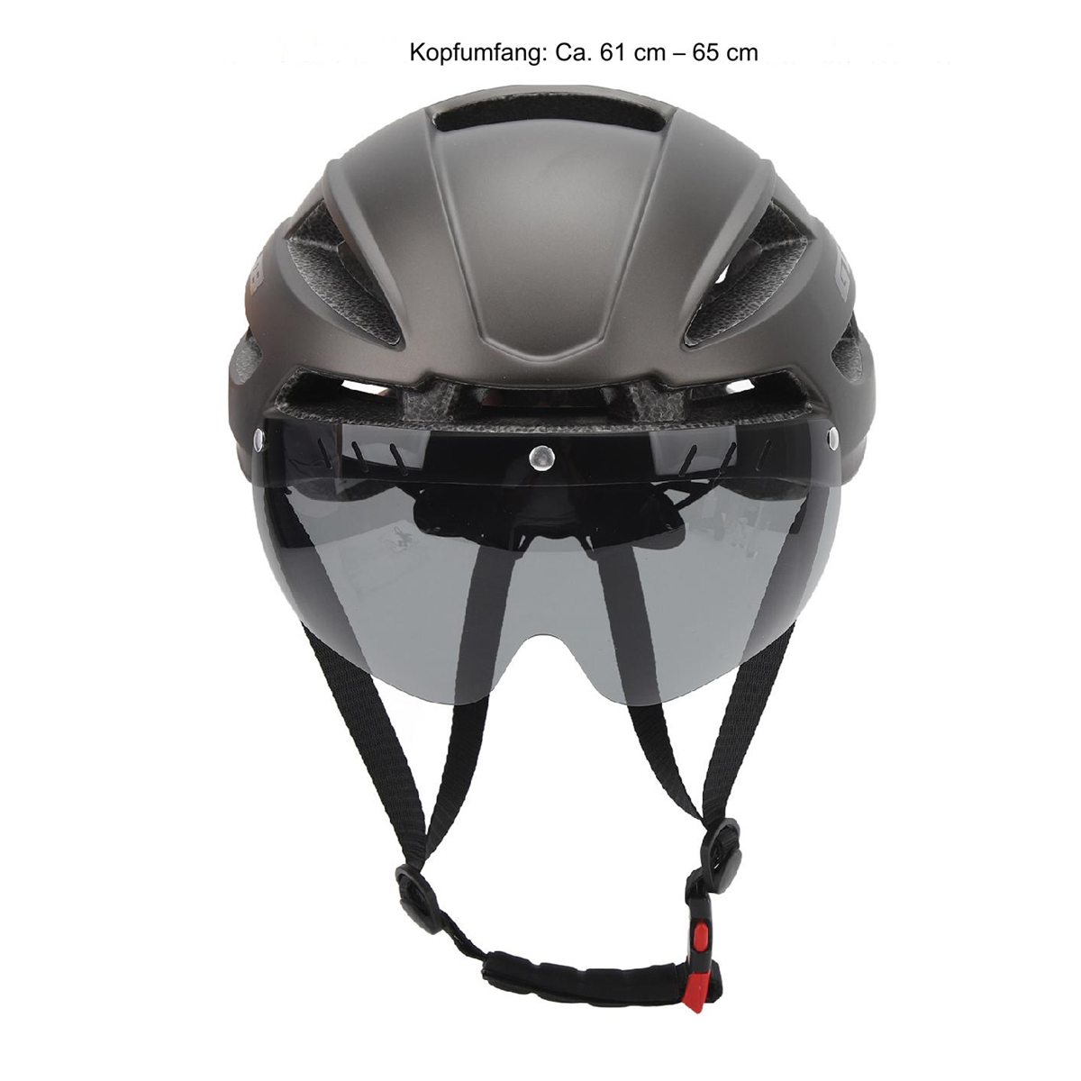 Grauer Fahrradhelm mit Visier und Riemen, mit Kopfumfang-Etikett.