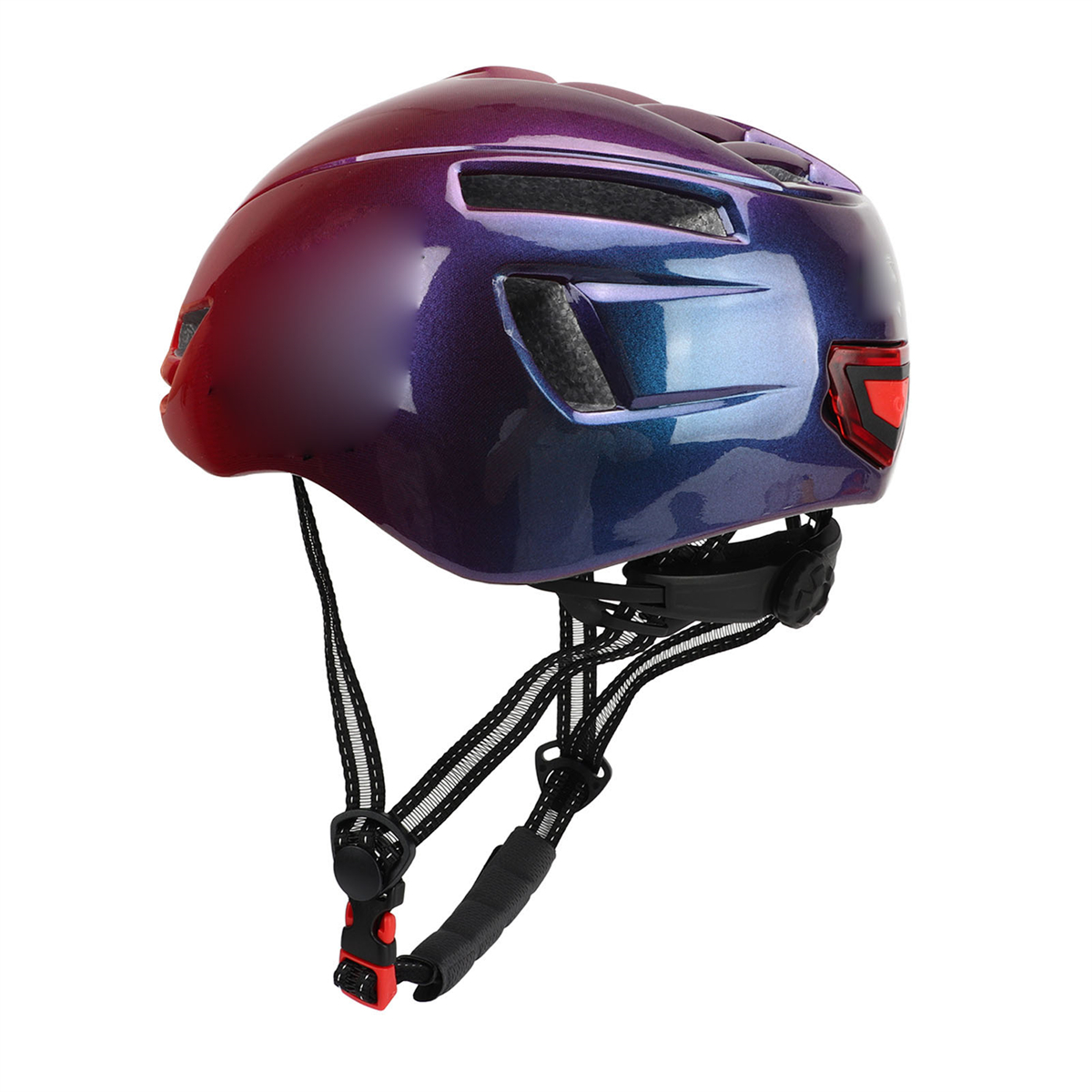 Fahrradhelm mit Farbverlauf und Lichtern. Schwarze Riemen und eine rote Schnalle. Weißer Hintergrund.