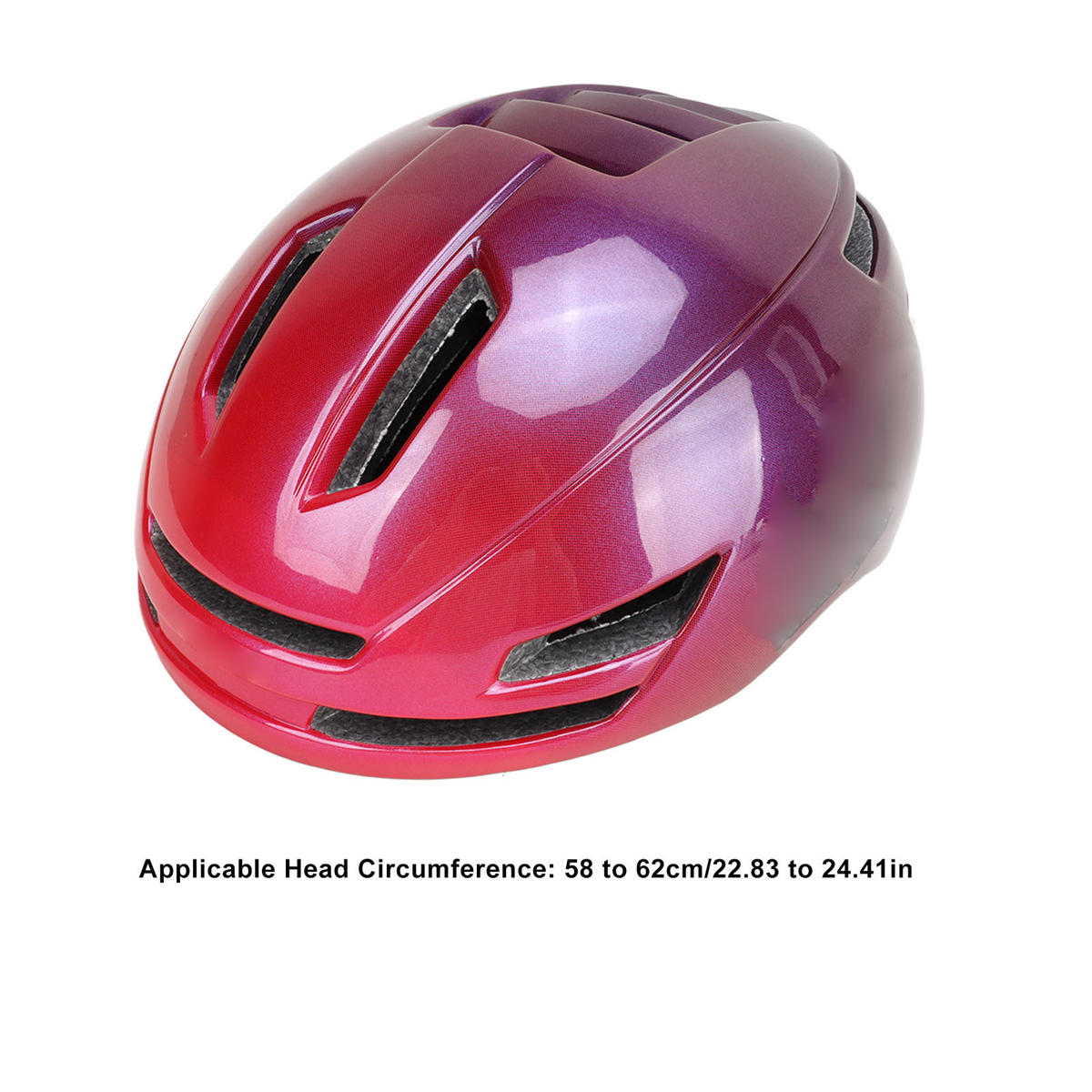 Ein rot-lila Fahrradhelm mit Farbverlauf. Anwendbarer Kopfumfang: 58 bis 62 cm/22,83 bis 24,41 Zoll.
