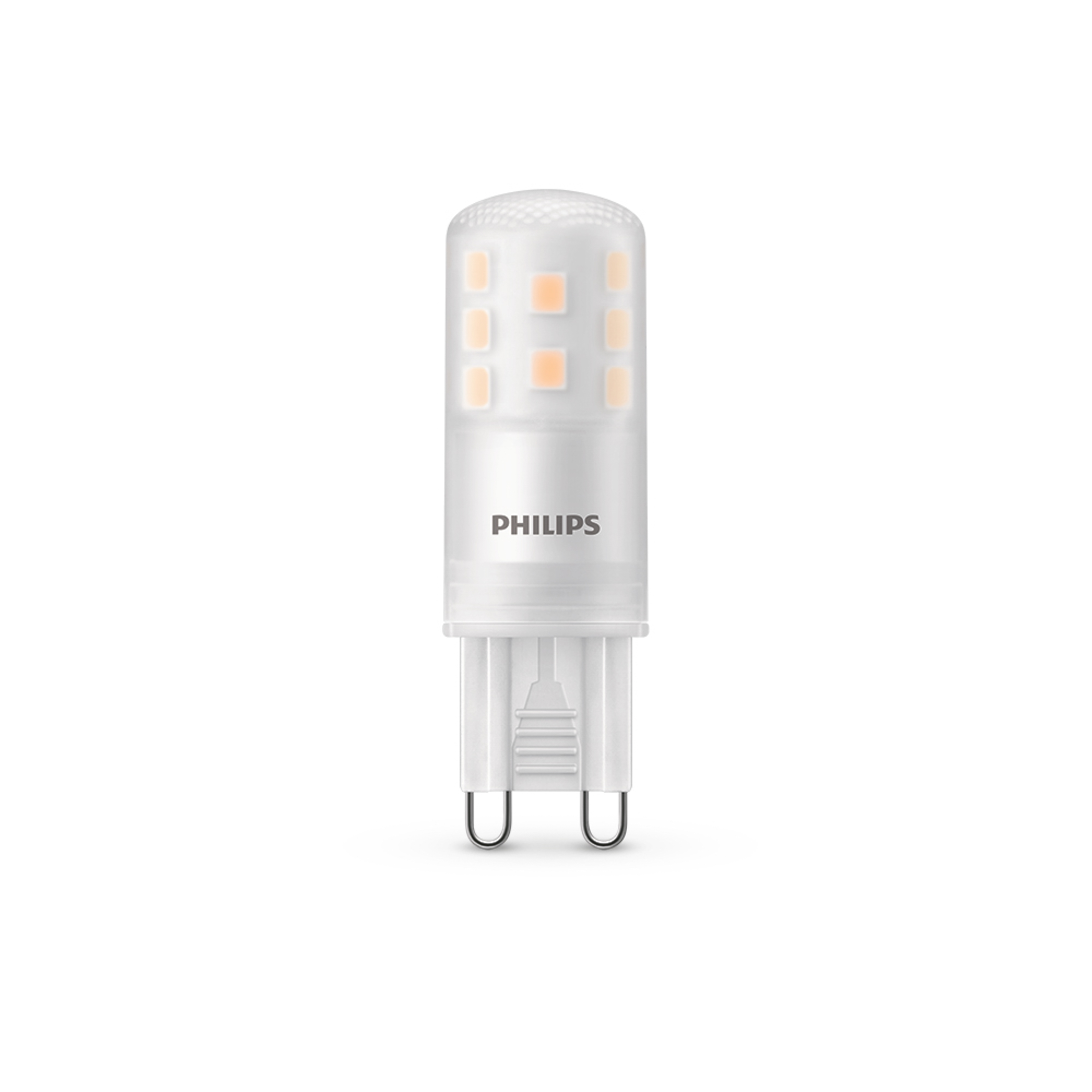Una lampadina Philips bianca con attacco G9, su sfondo bianco.