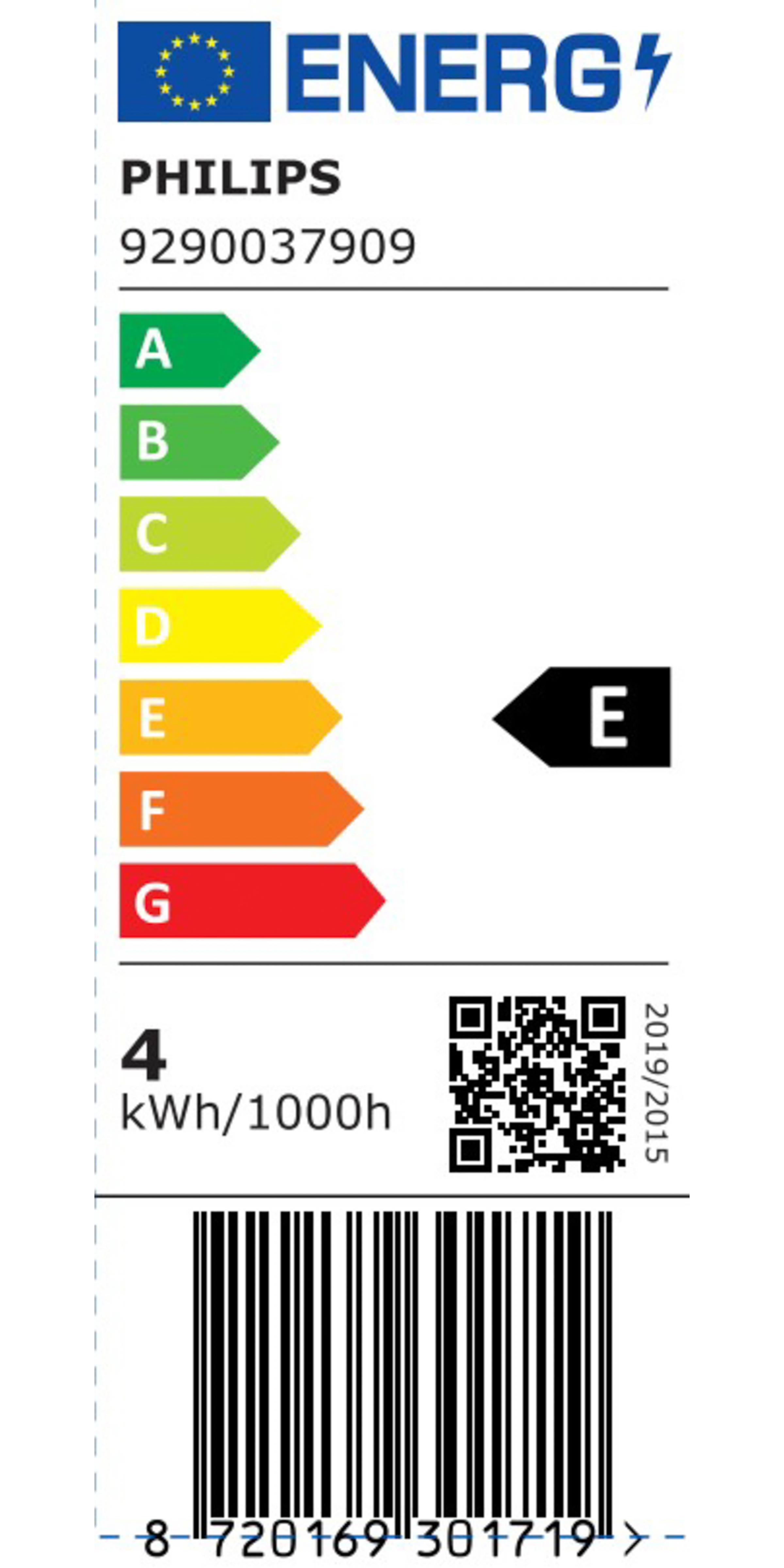 Etichetta energetica per un prodotto Philips. Mostra la classe di efficienza energetica E. QR code incluso.