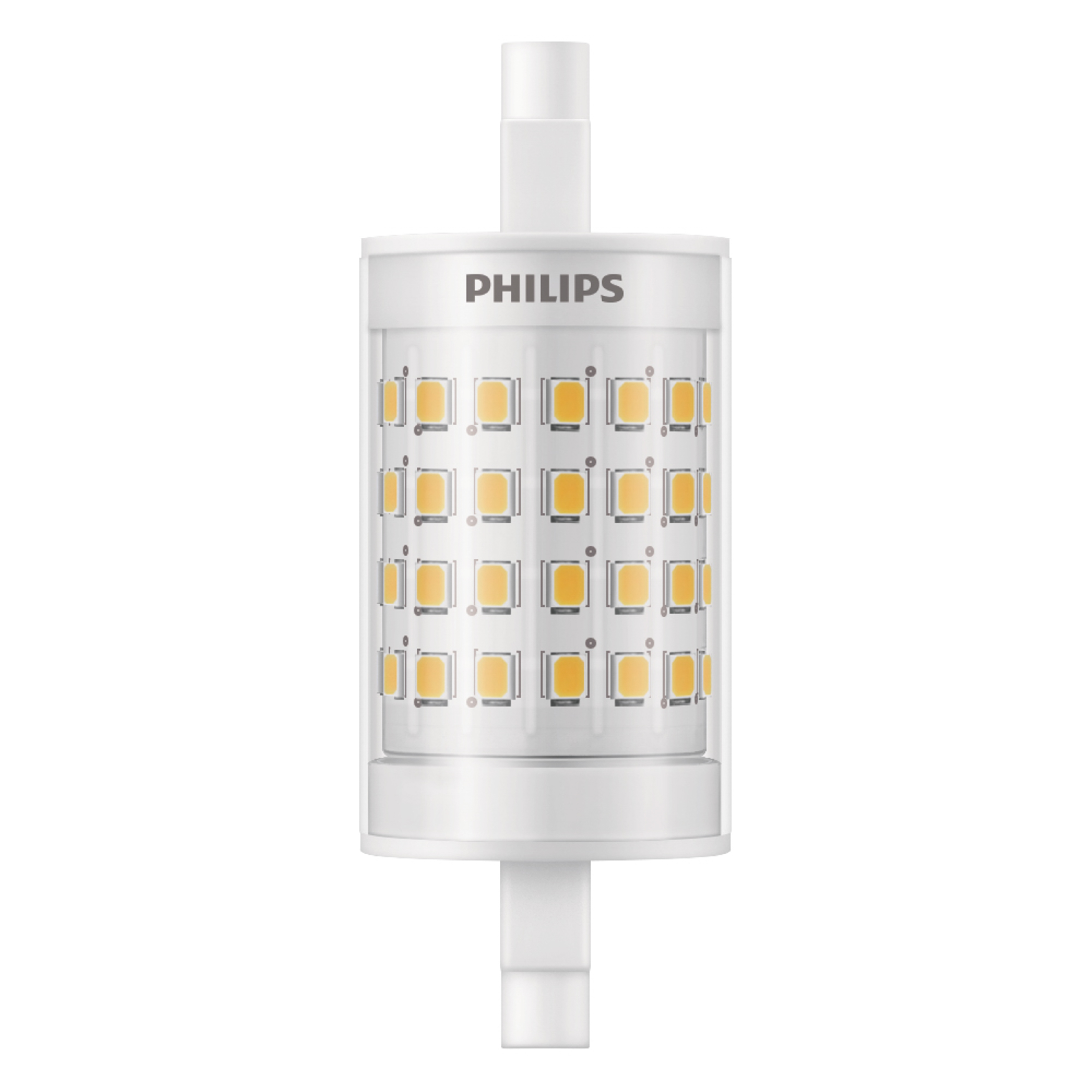Un modulo luminoso cilindrico Philips LED con LED gialli disposti a griglia, alloggiamento bianco.