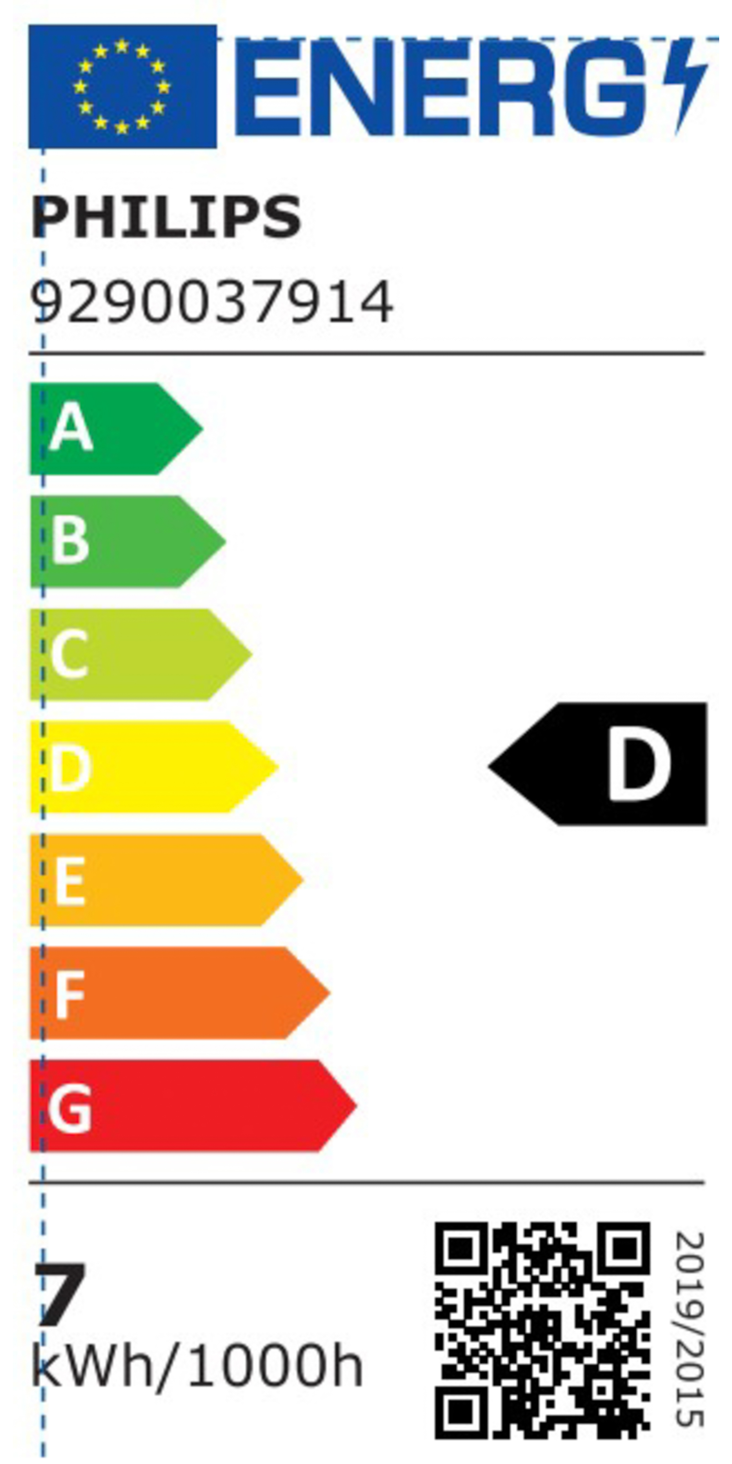 Etichetta energetica per una lampadina. Mostra la classe di efficienza energetica 'D' e altri dettagli.
