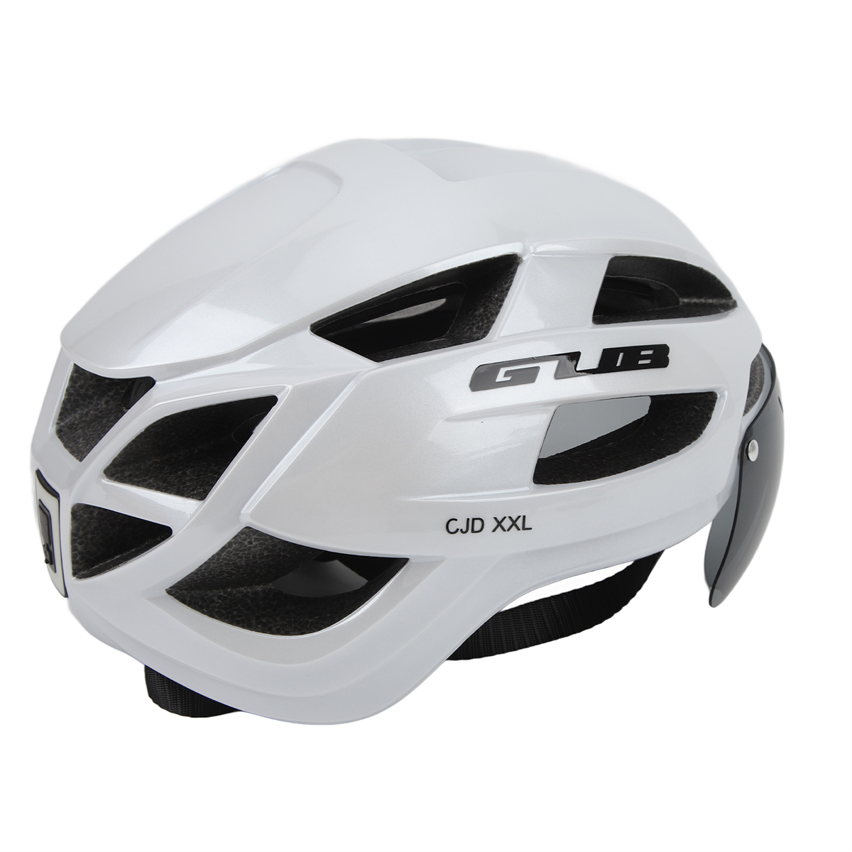 Weißer Fahrradhelm mit schwarzen Akzenten. Er hat das Wort 'GUB' darauf. Er hat ein dunkles Visier und einen Riemen.
