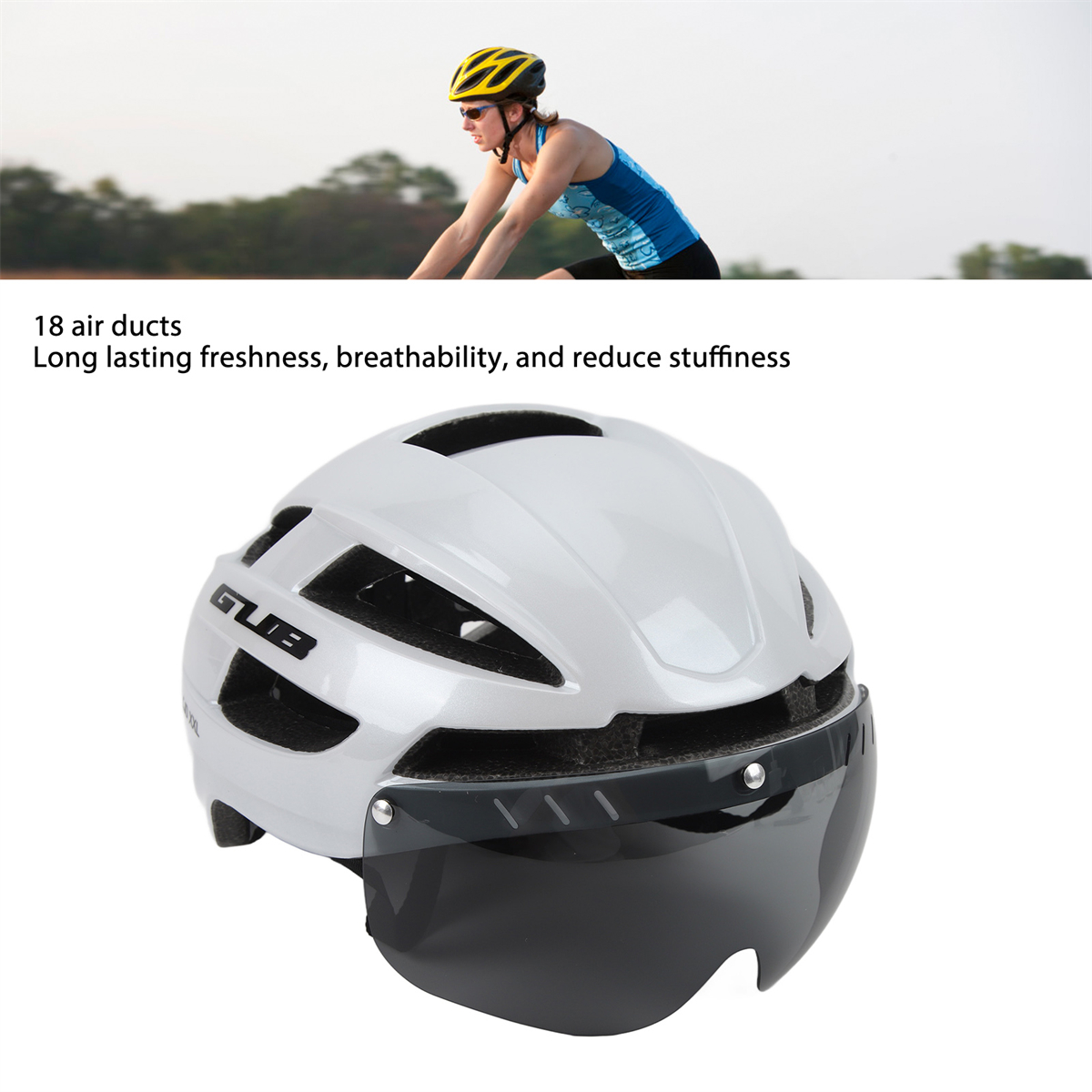 Weißer Fahrradhelm mit Visier. Text: '18 Luftkanäle' und 'Langanhaltende Frische'.