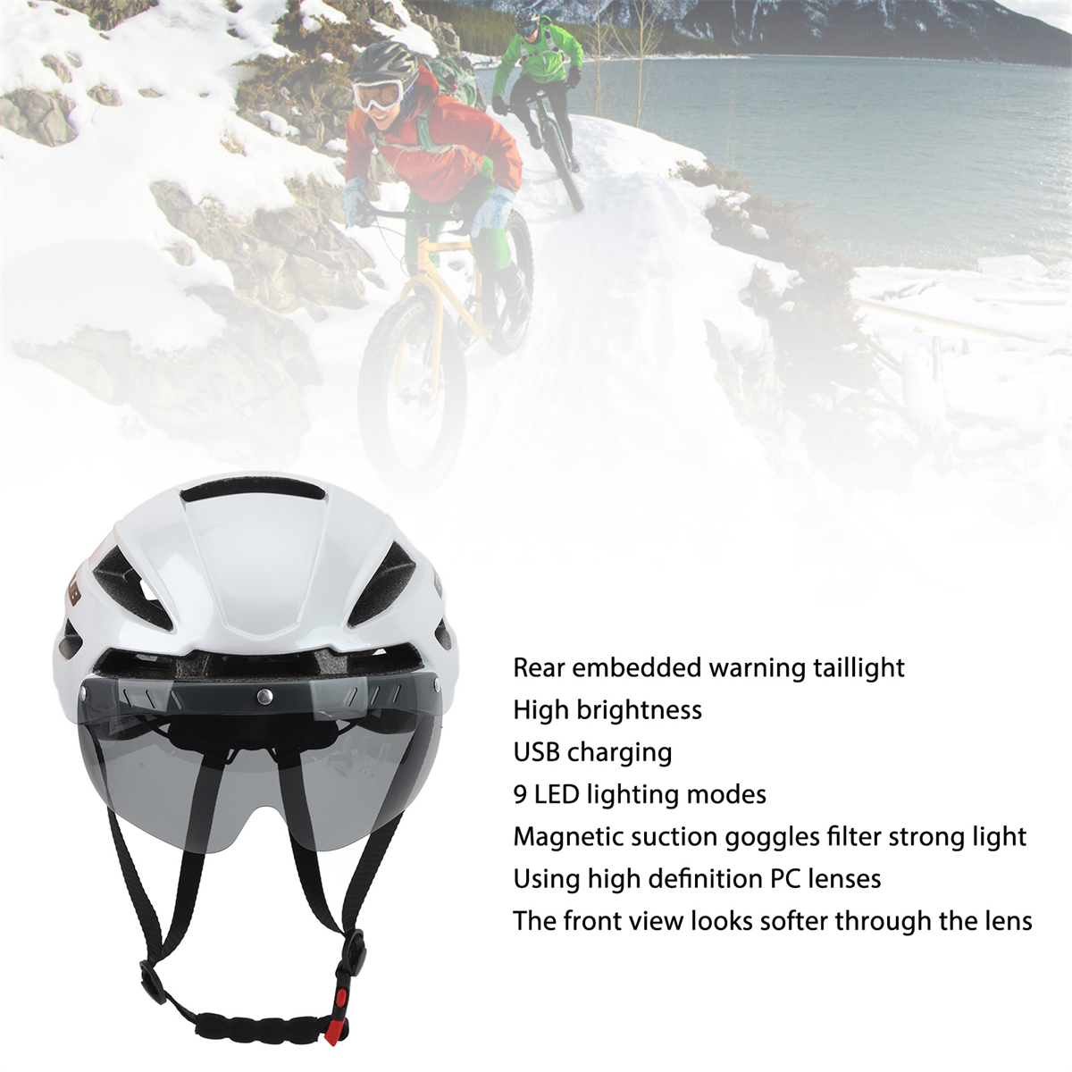 Weißer Helm mit Visier, Text beschreibt Eigenschaften, zwei Radfahrer im Schnee.