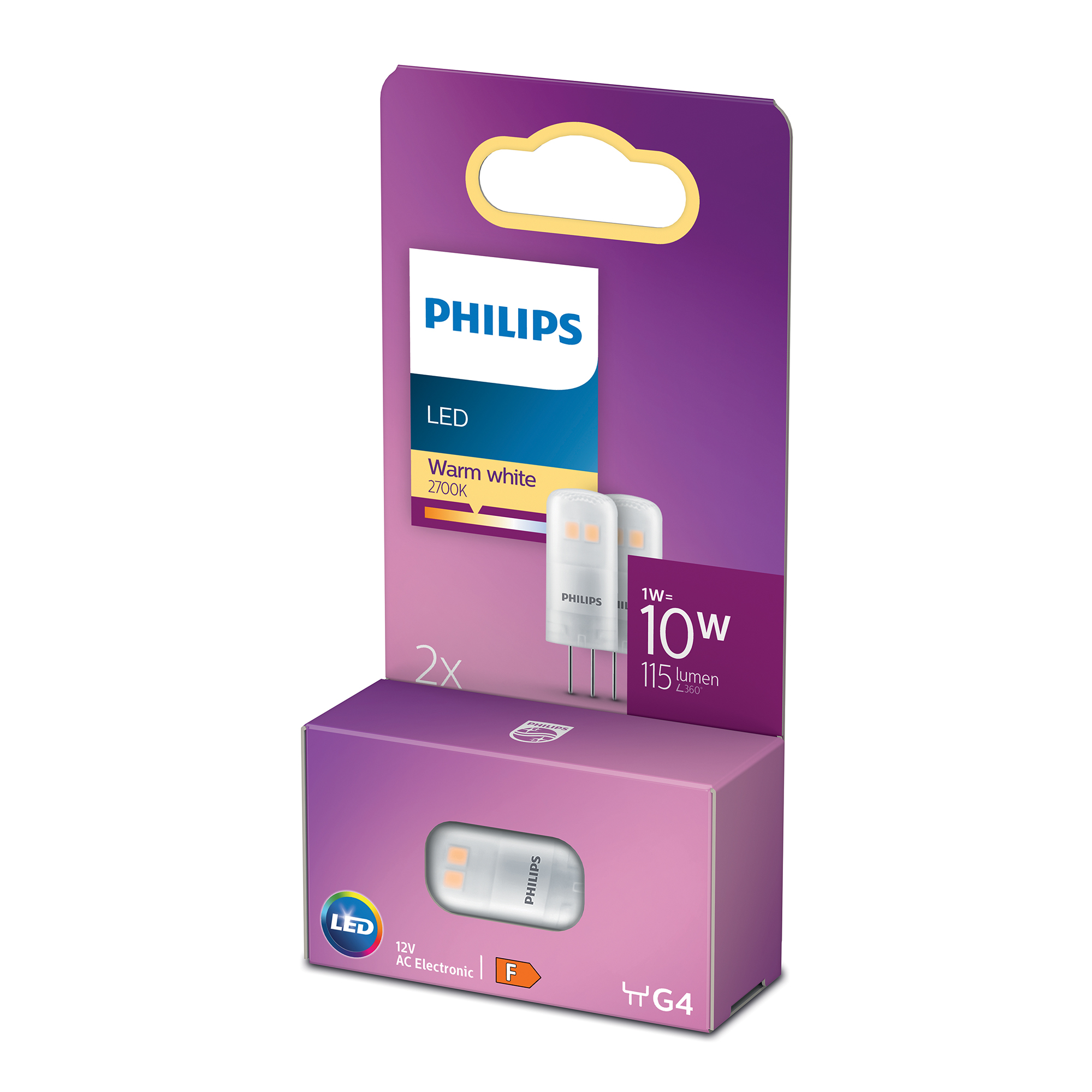 Una scatola Philips che mostra due lampadine e i loro dettagli: 1W=10W, 115 lumen.