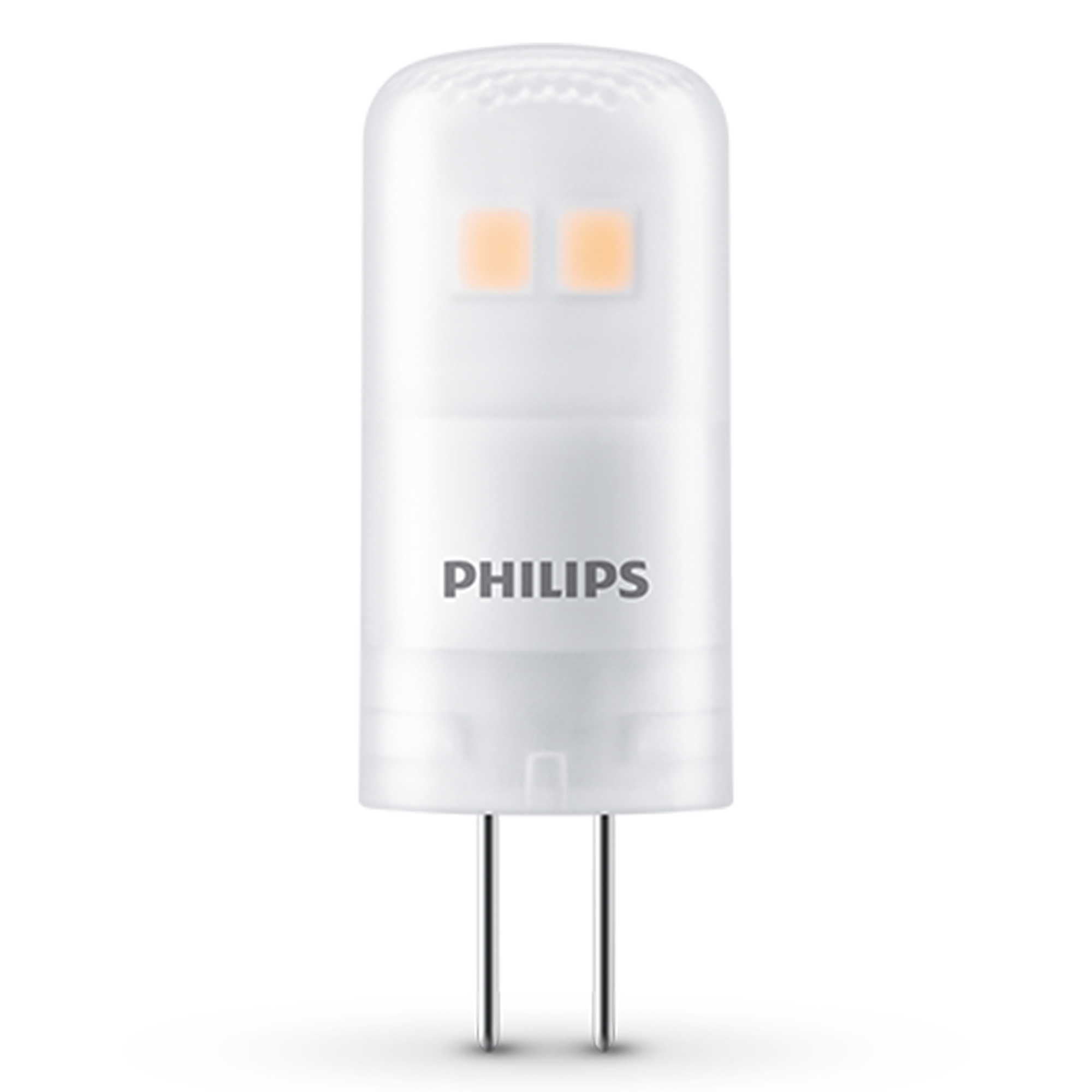 Lampadina LED Philips bianca con pin. Logo Philips sulla lampadina.