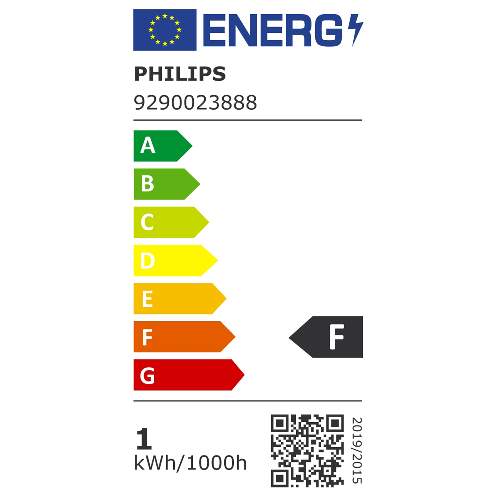 Etichetta energetica che mostra la classe F. Con il logo Energ e un codice QR.