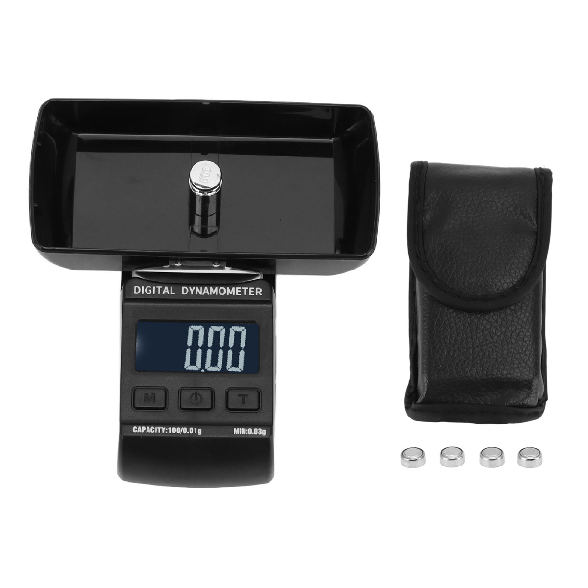 Ein schwarzes digitales Dynamometer mit einer Ablage, einem Beutel und drei kleinen Metallgewichten.