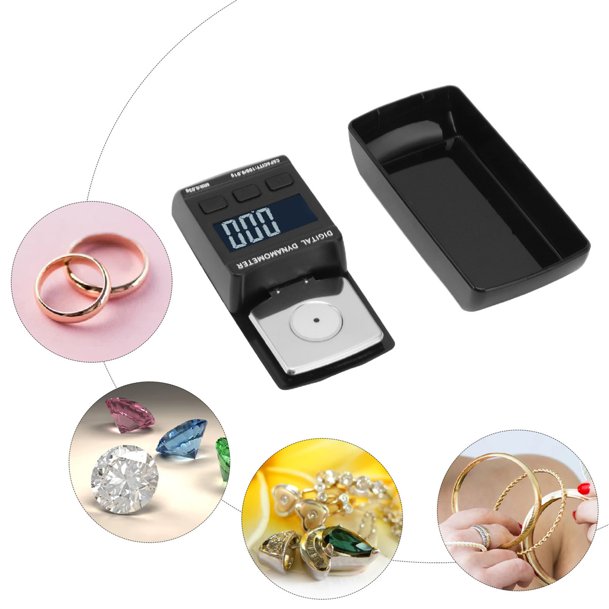 Digitales Dynamometer mit Ringen, Edelsteinen und Schmuck, kreisförmig angeordnet.