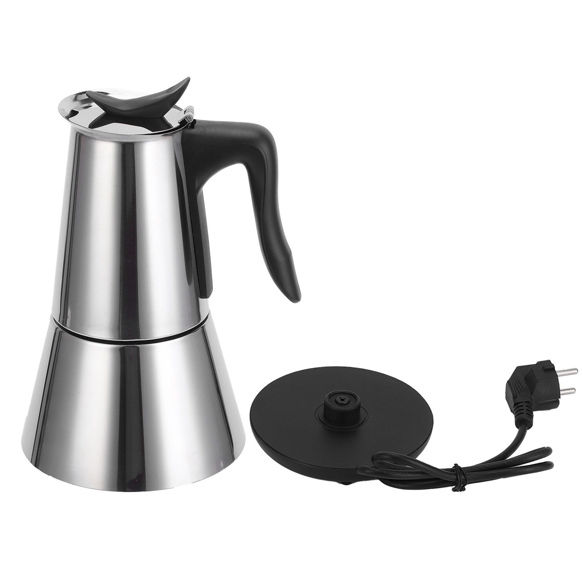 Ein elektrischer Kaffeekocher aus Edelstahl mit schwarzem Griff, Sockel und Stecker.